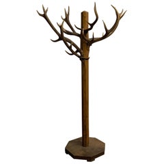 Unique and Antique Oak and Real Antlers Entry Hall Floor Coat Rack and Hat Stand