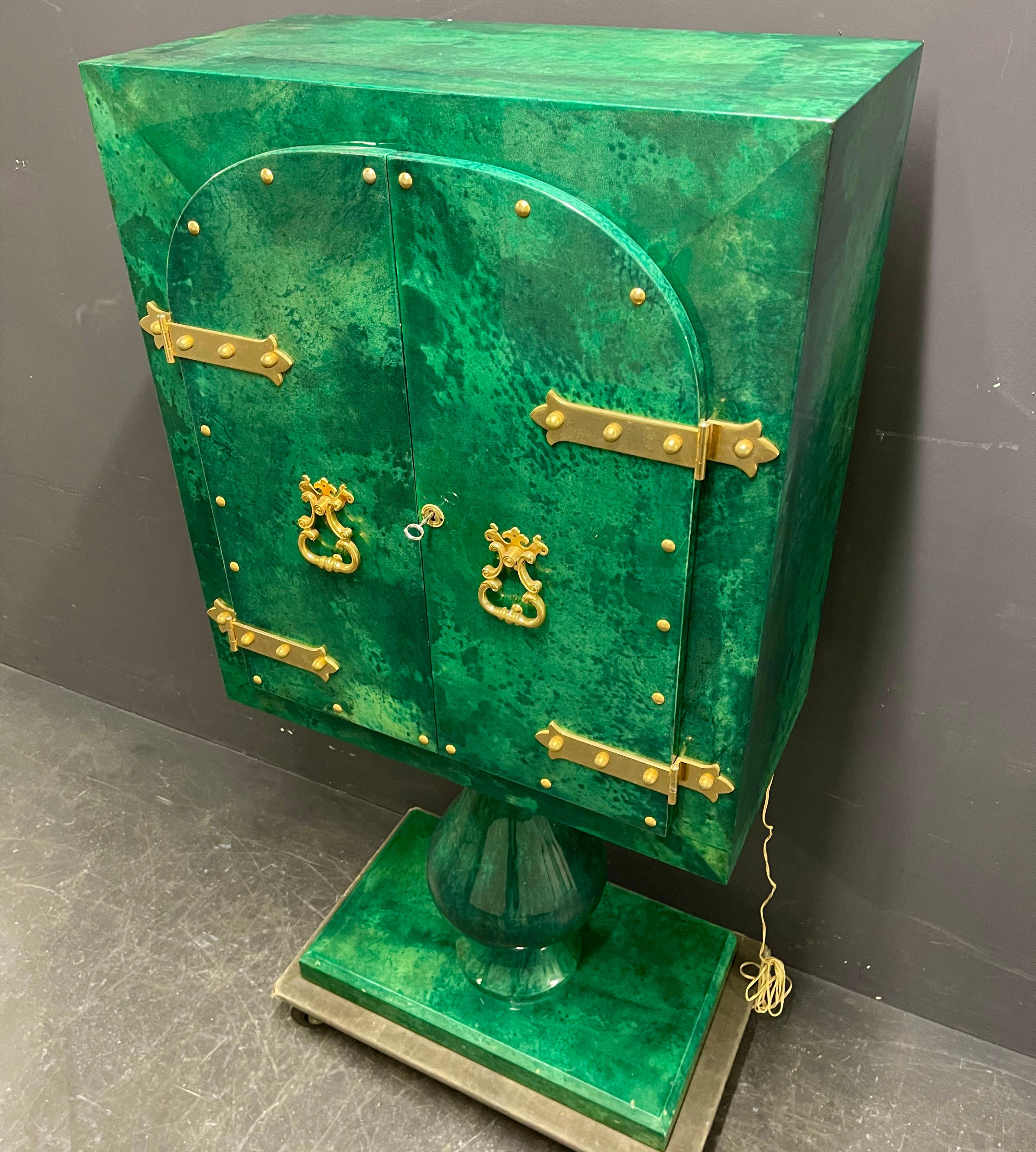 Goatskin Unique and Breathtaking Aldo Tura Malachite Green Bar Cabinet