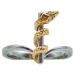Unique and Elegant Snake Bicolor Ring with Diamond Eyes White/Yellow Gold 14k