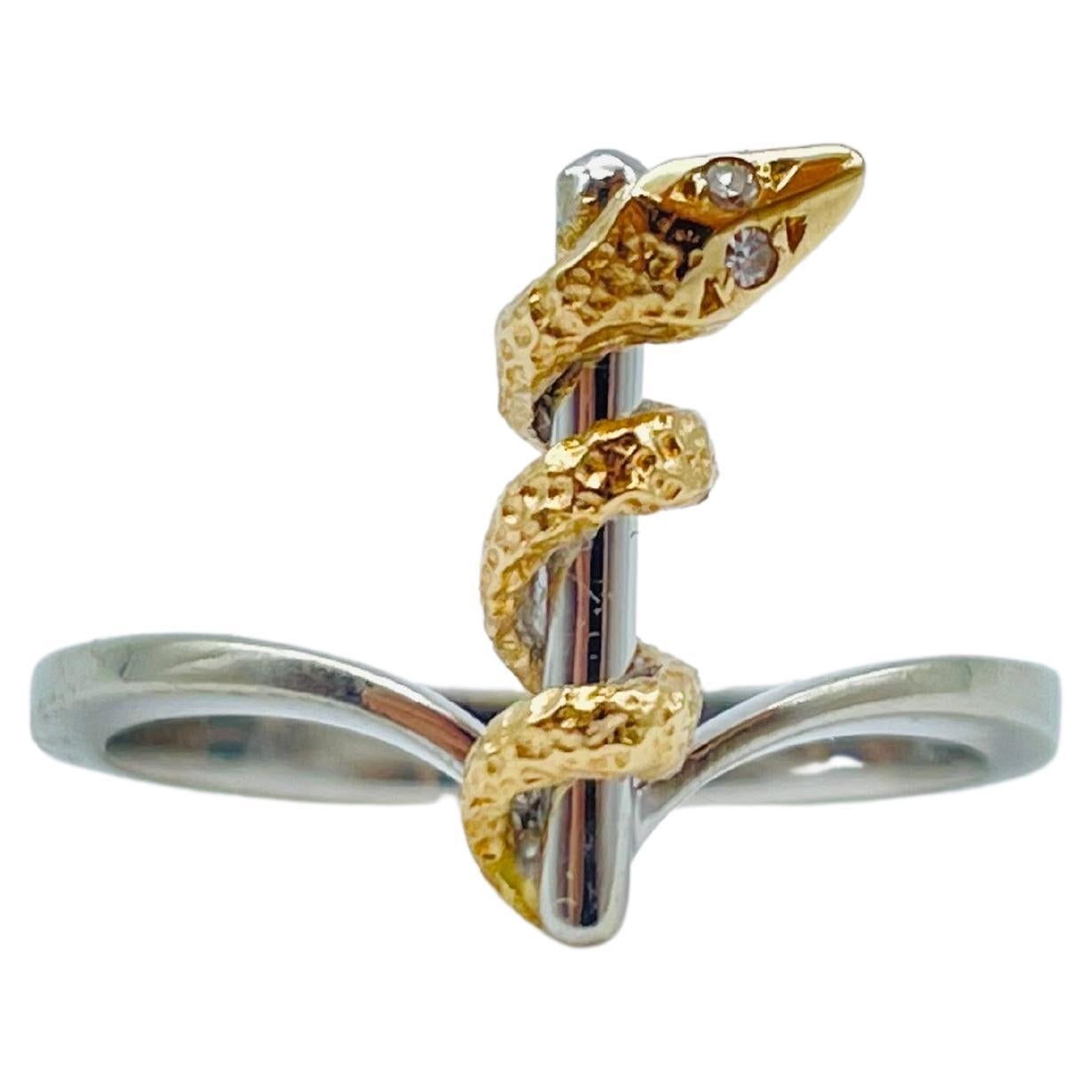 Unique and Elegant Snake Bicolor Ring with Diamond Eyes White/Yellow Gold 14k For Sale