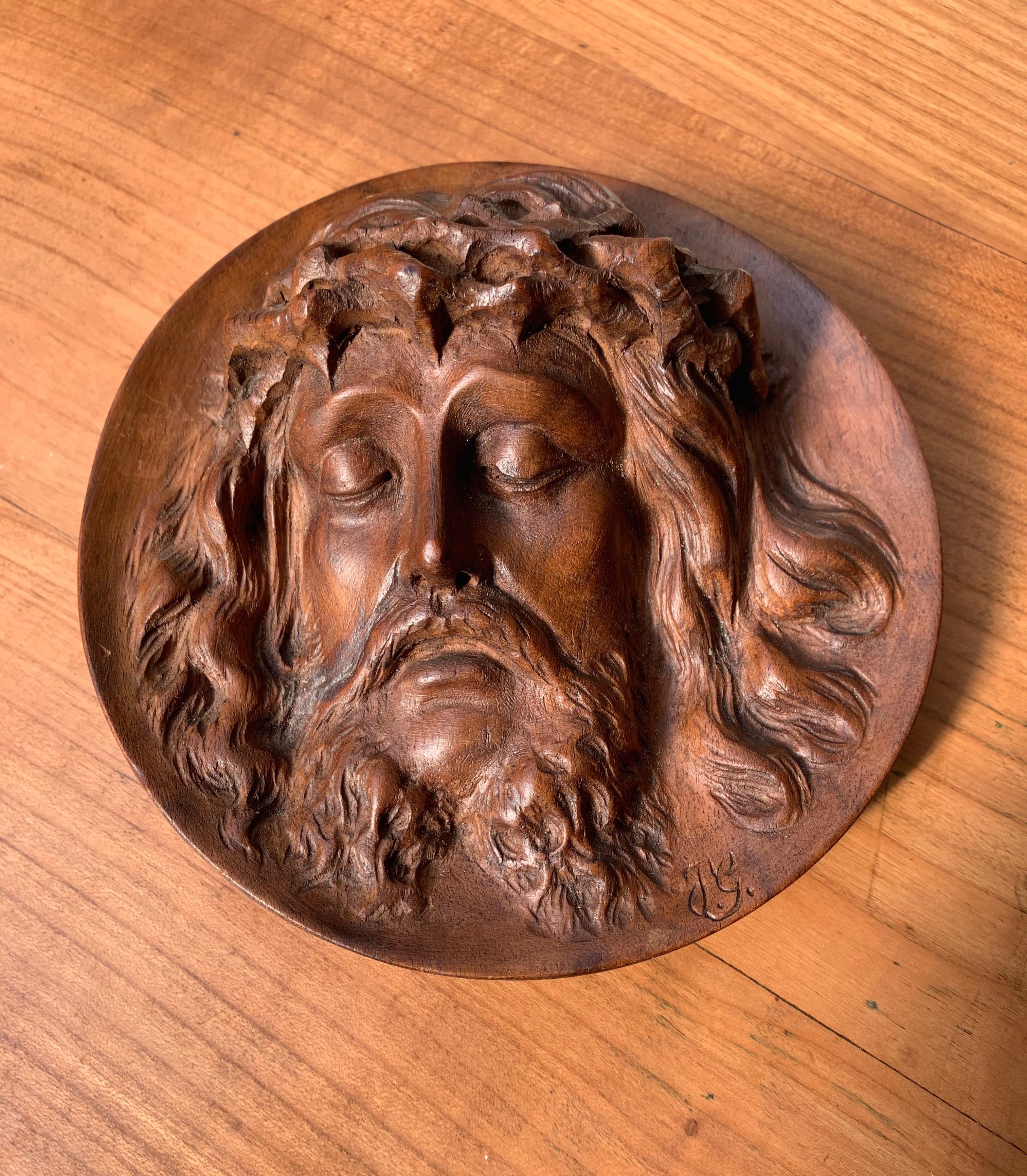 Unique and Finely Hand Carved, 19th Century Christ Mask Medallion / Round Plaque 7