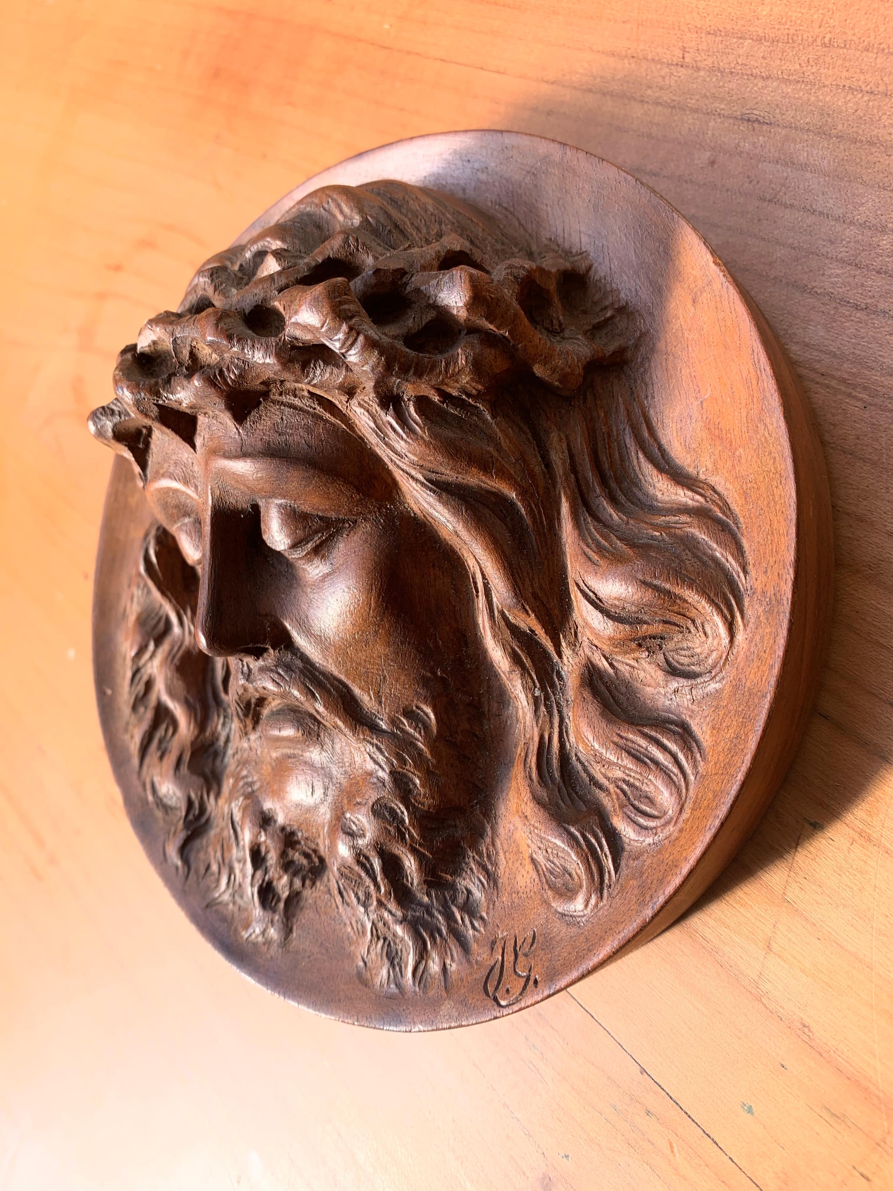 Unique and Finely Hand Carved, 19th Century Christ Mask Medallion / Round Plaque 8
