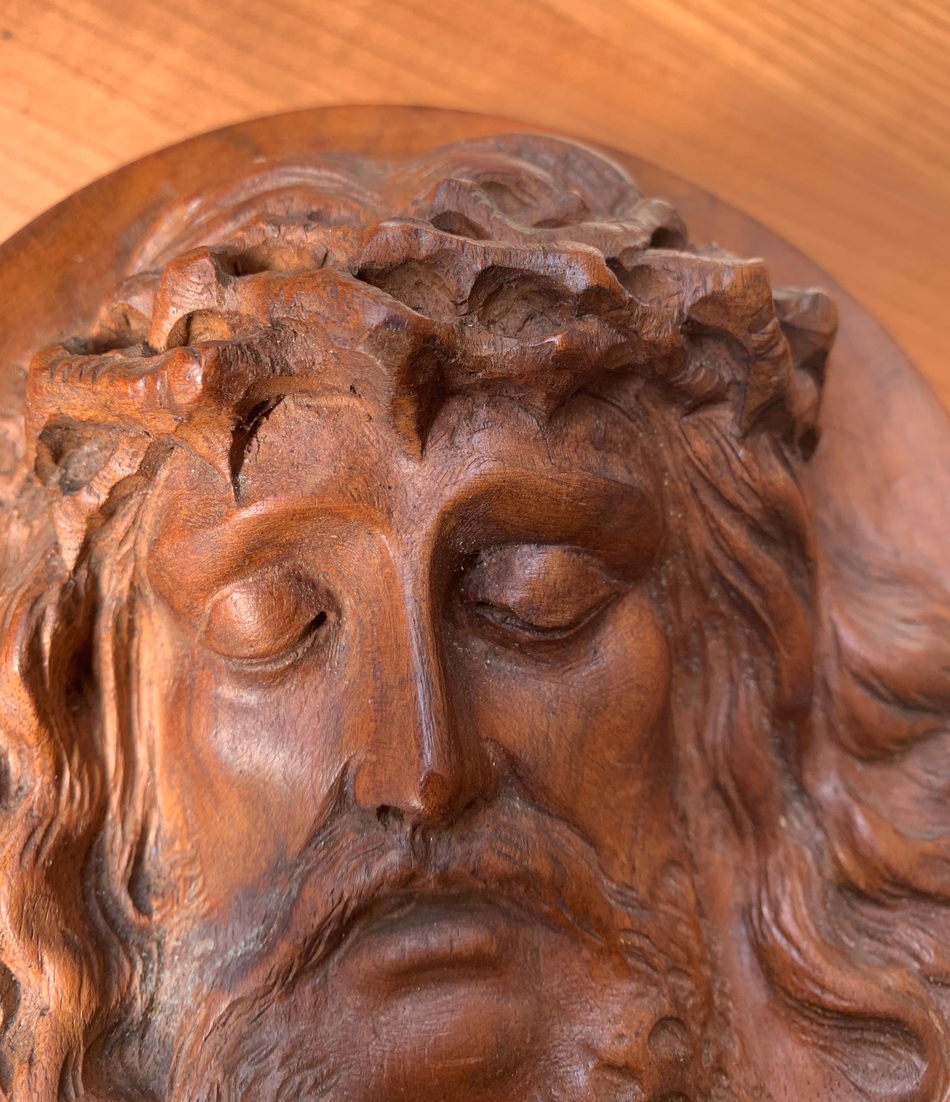 Unique and Finely Hand Carved, 19th Century Christ Mask Medallion / Round Plaque 10