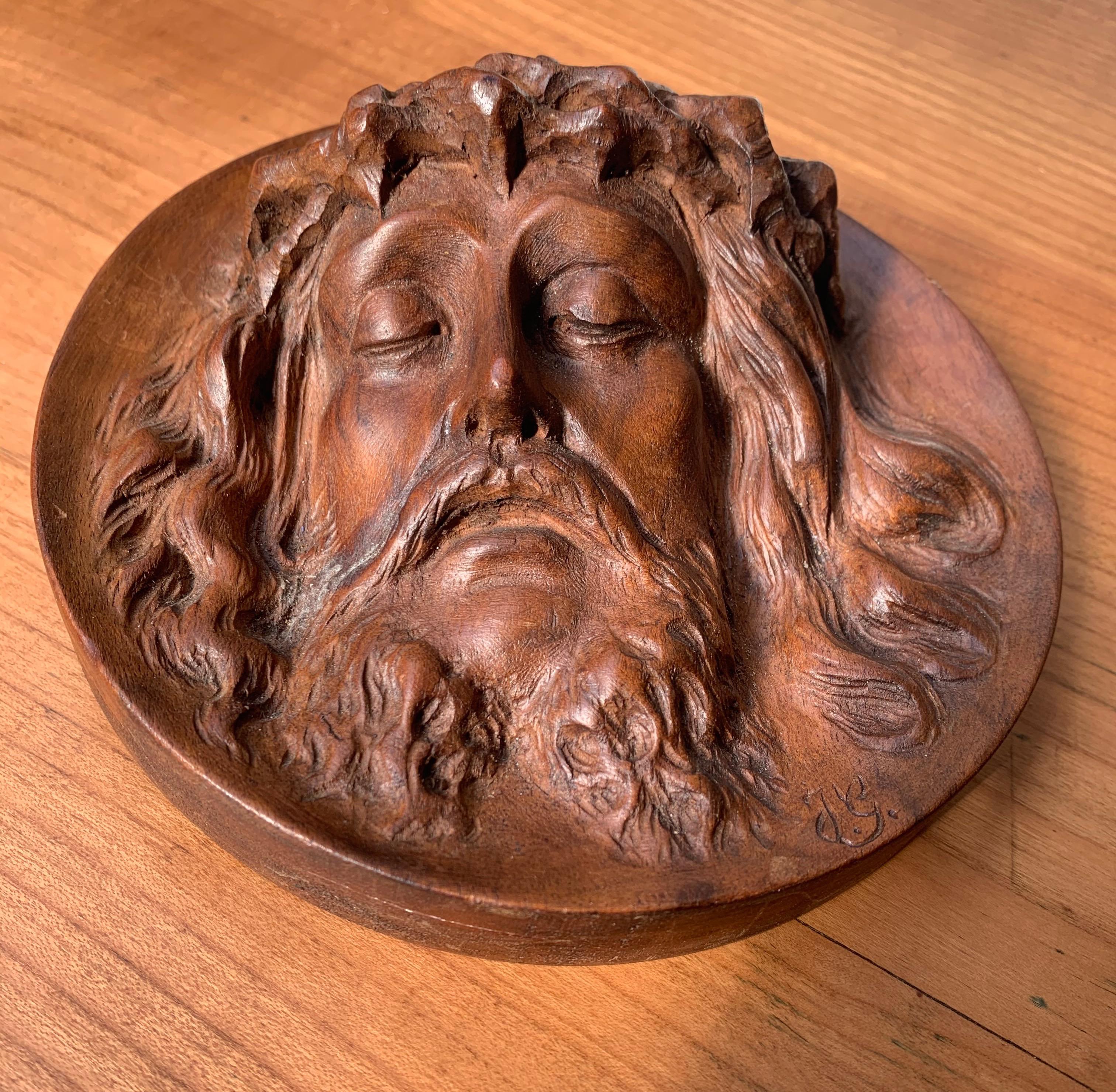 Unique and Finely Hand Carved, 19th Century Christ Mask Medallion / Round Plaque 12