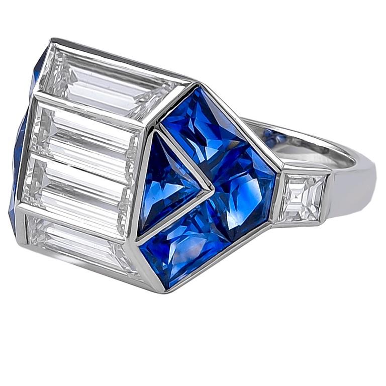 Art Deco Sophia D. 1.18 Carat Baguette Diamond and Blue Sapphire Platinum Ring For Sale