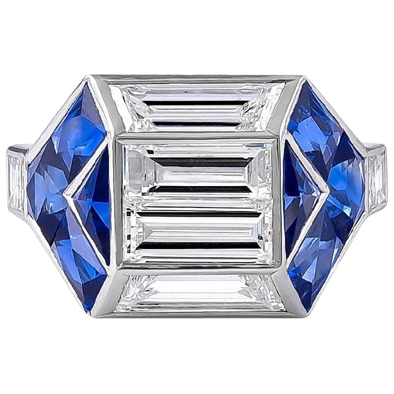 Sophia D. 1.18 Carat Baguette Diamond and Blue Sapphire Platinum Ring For Sale