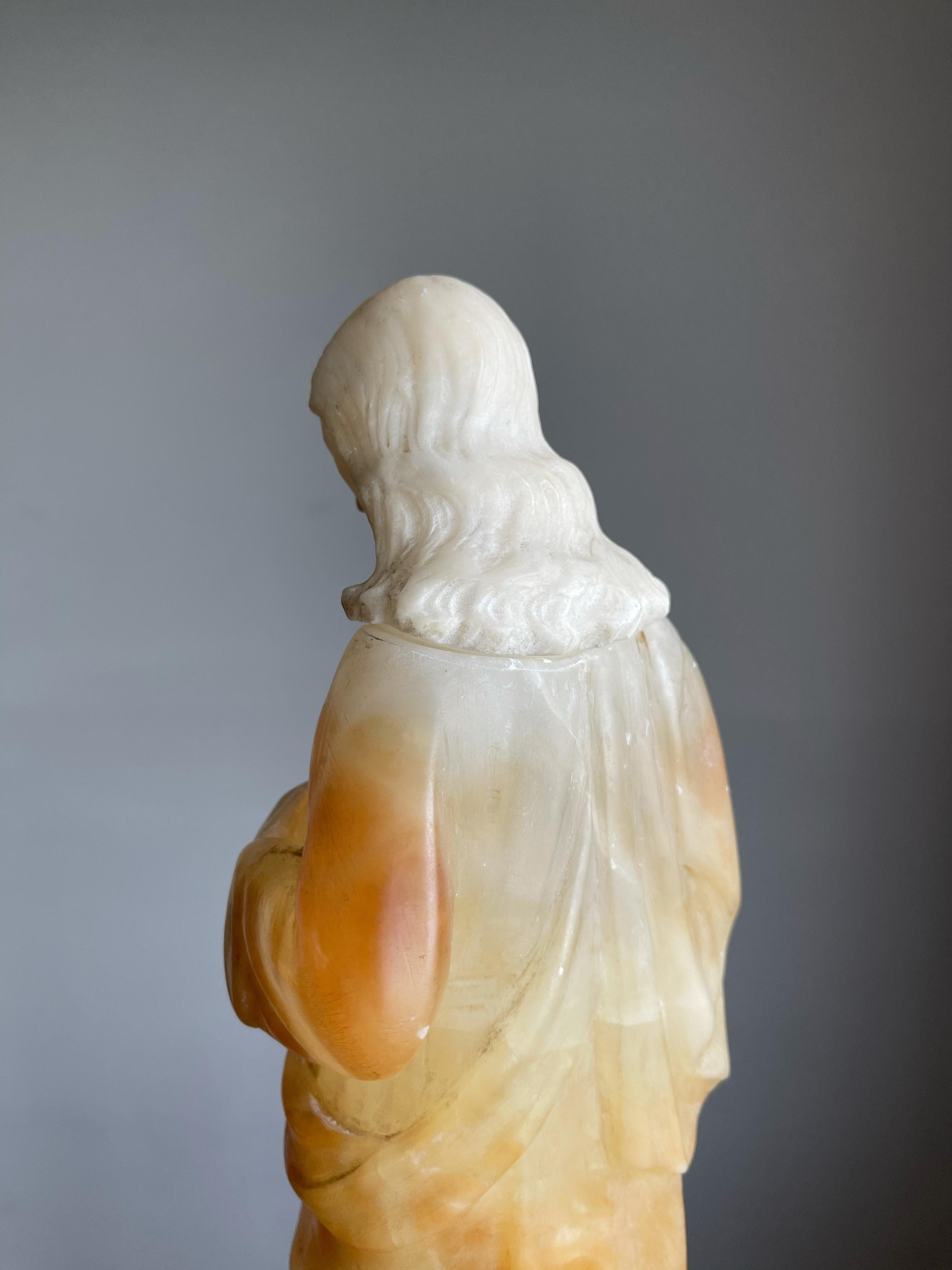 Unique and Hand Carved Early 1900s Alabaster Sacred Heart of Christ Sculpture 3