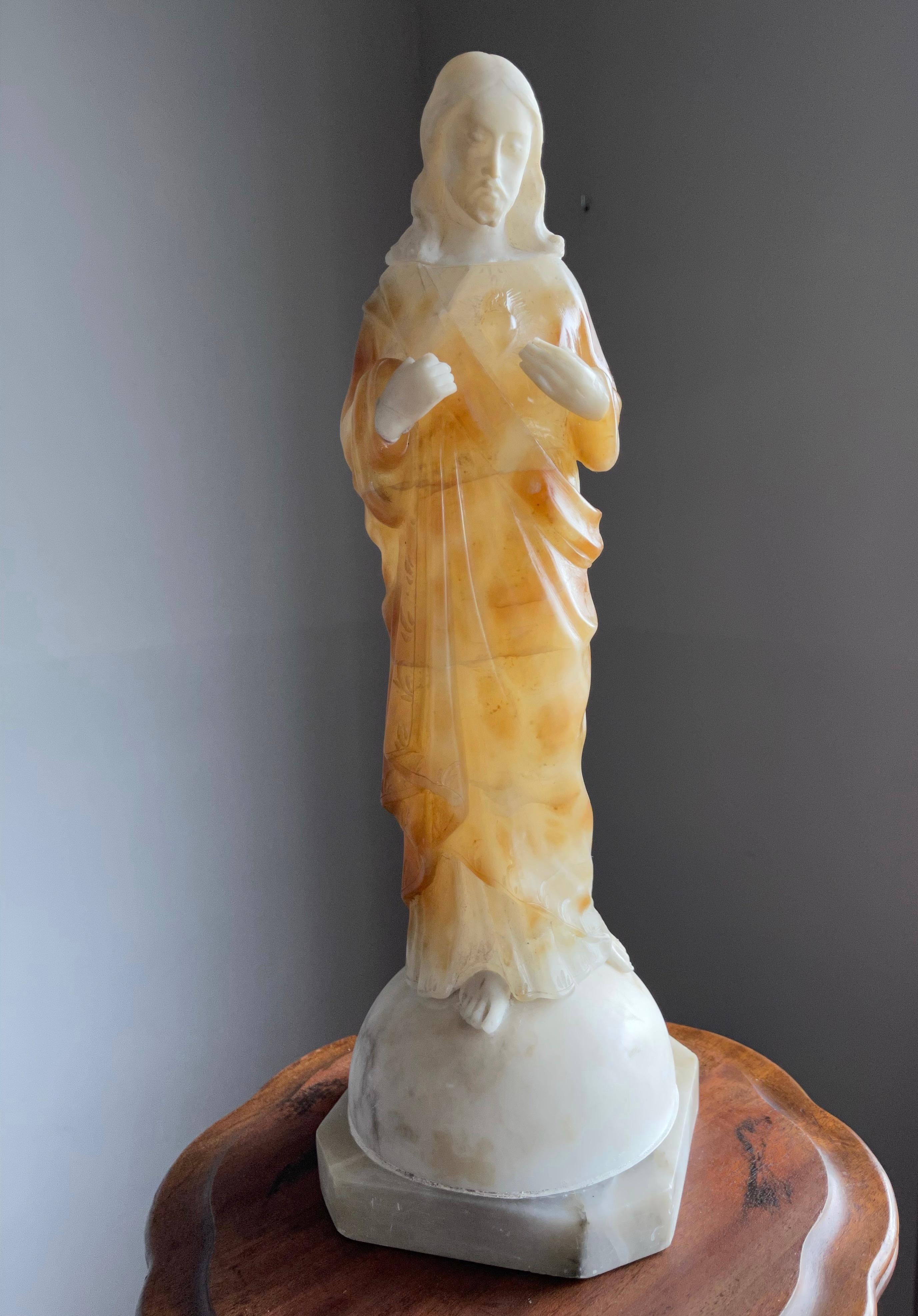 Unique and Hand Carved Early 1900s Alabaster Sacred Heart of Christ Sculpture 7