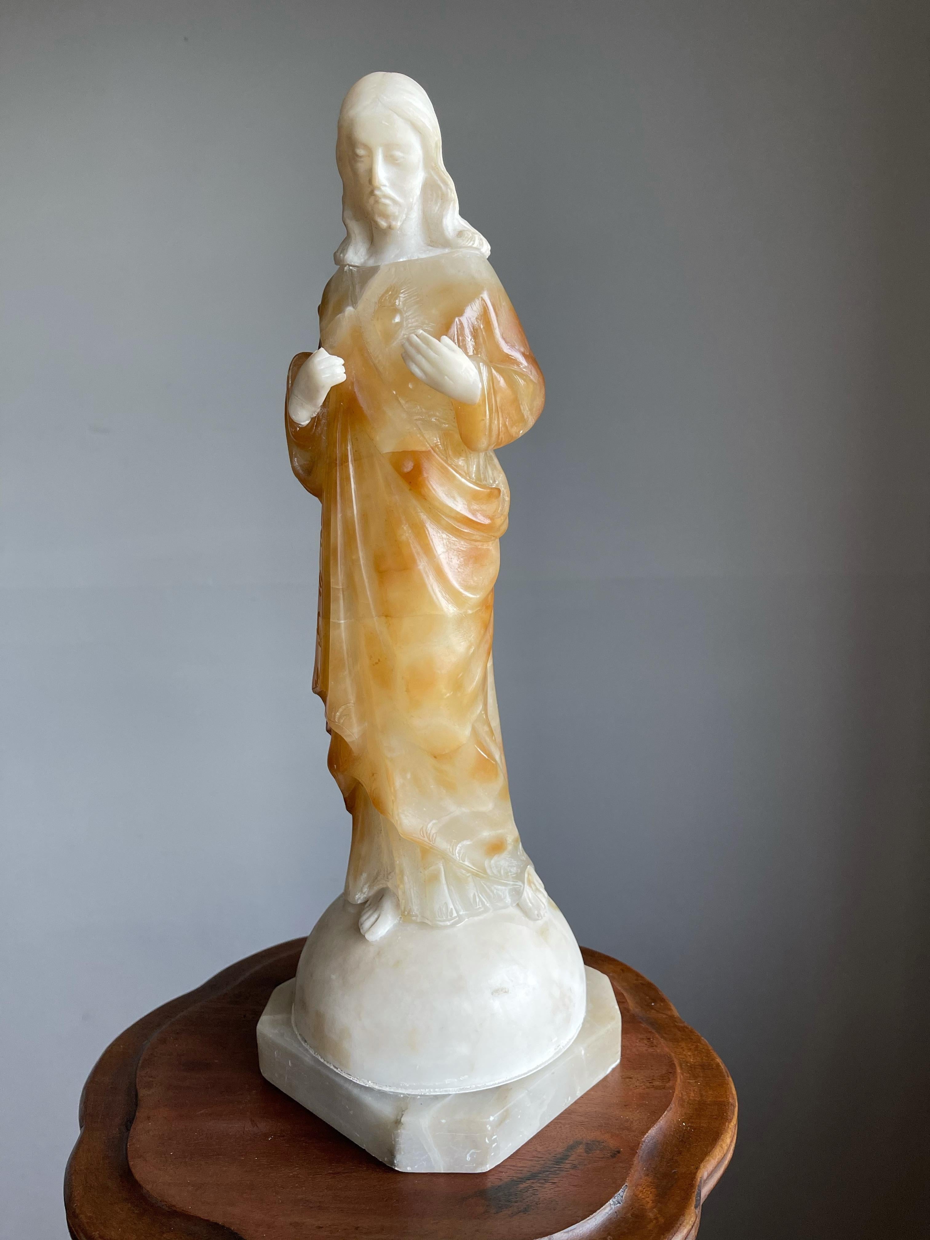Unique and Hand Carved Early 1900s Alabaster Sacred Heart of Christ Sculpture 10