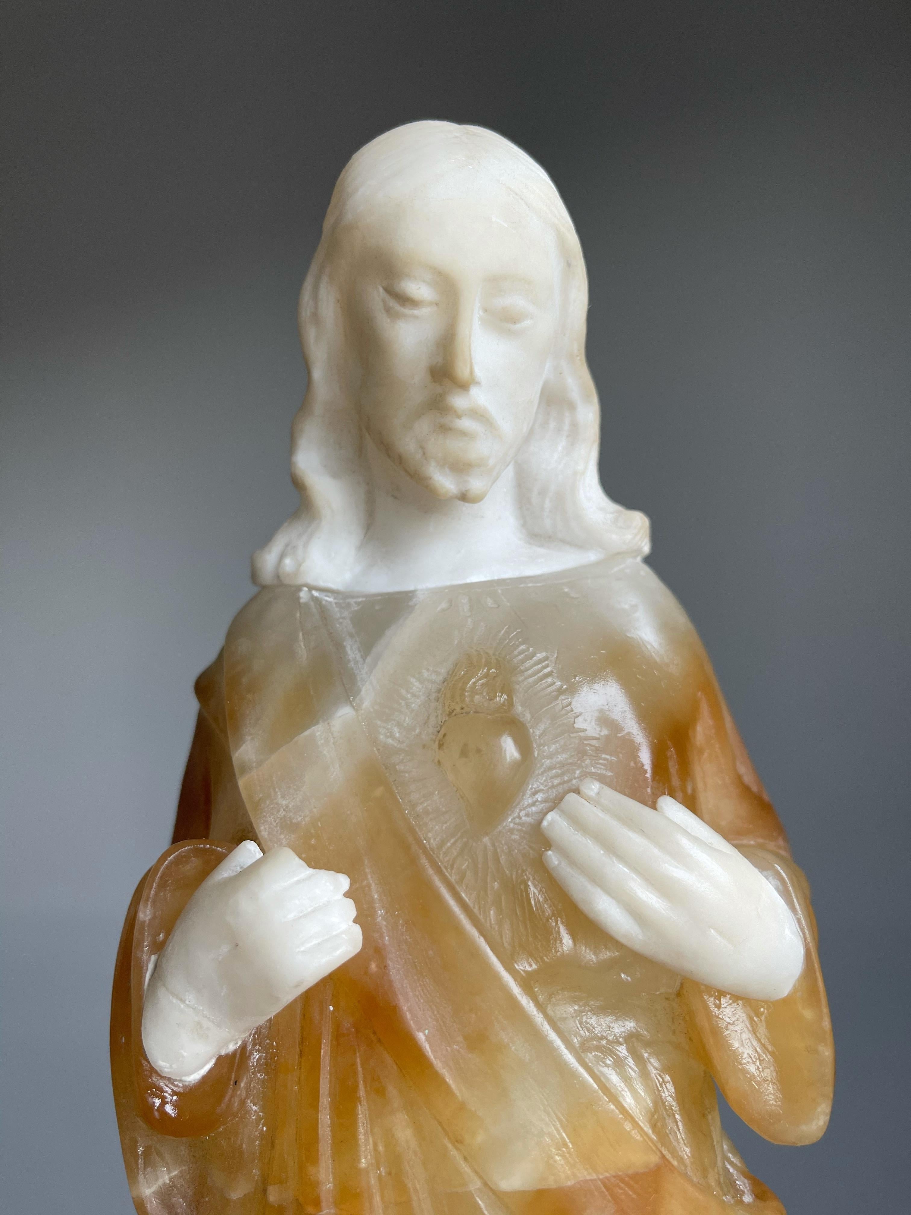 Arts and Crafts Unique and Hand Carved Early 1900s Alabaster Sacred Heart of Christ Sculpture
