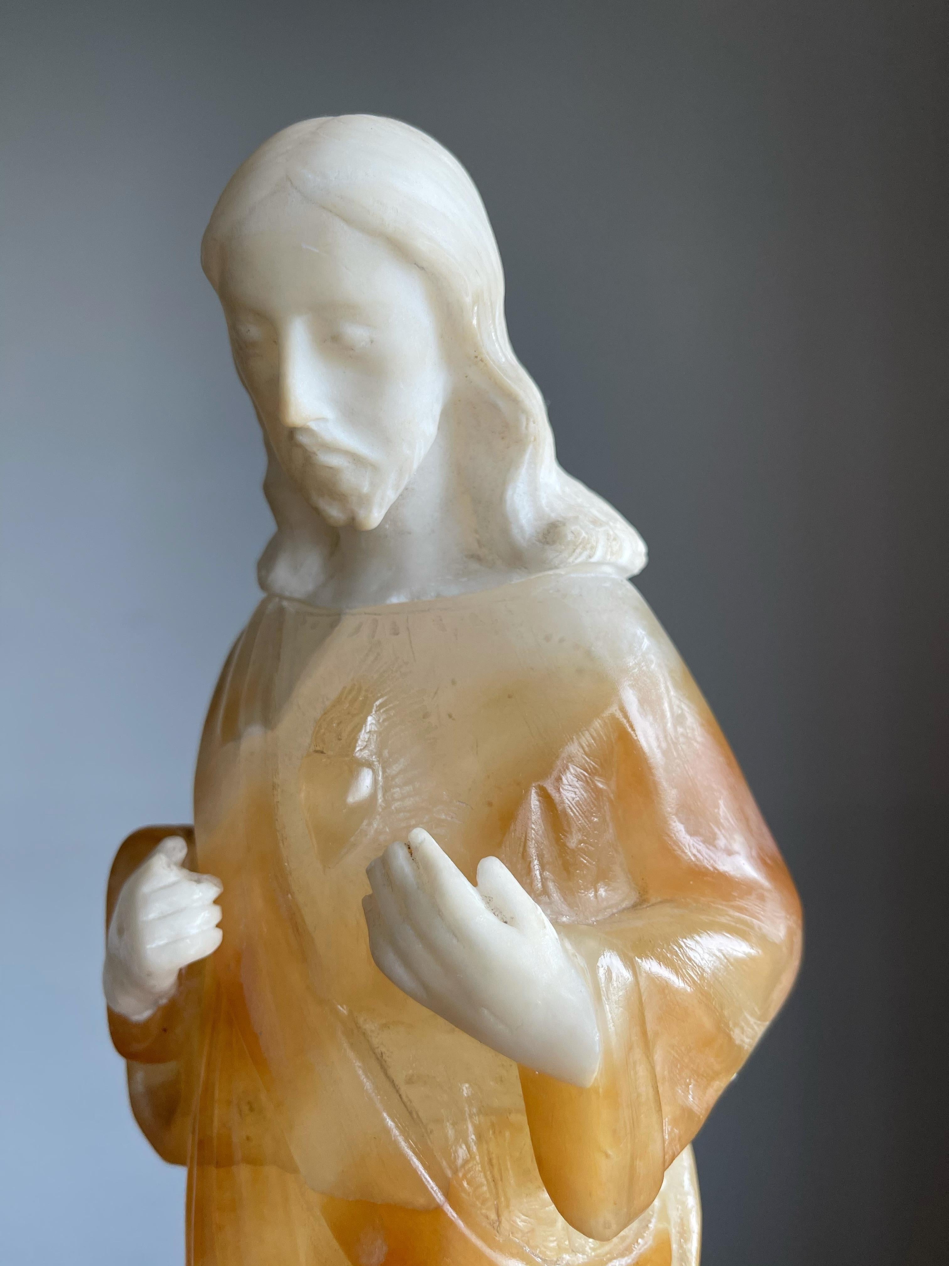 Italian Unique and Hand Carved Early 1900s Alabaster Sacred Heart of Christ Sculpture