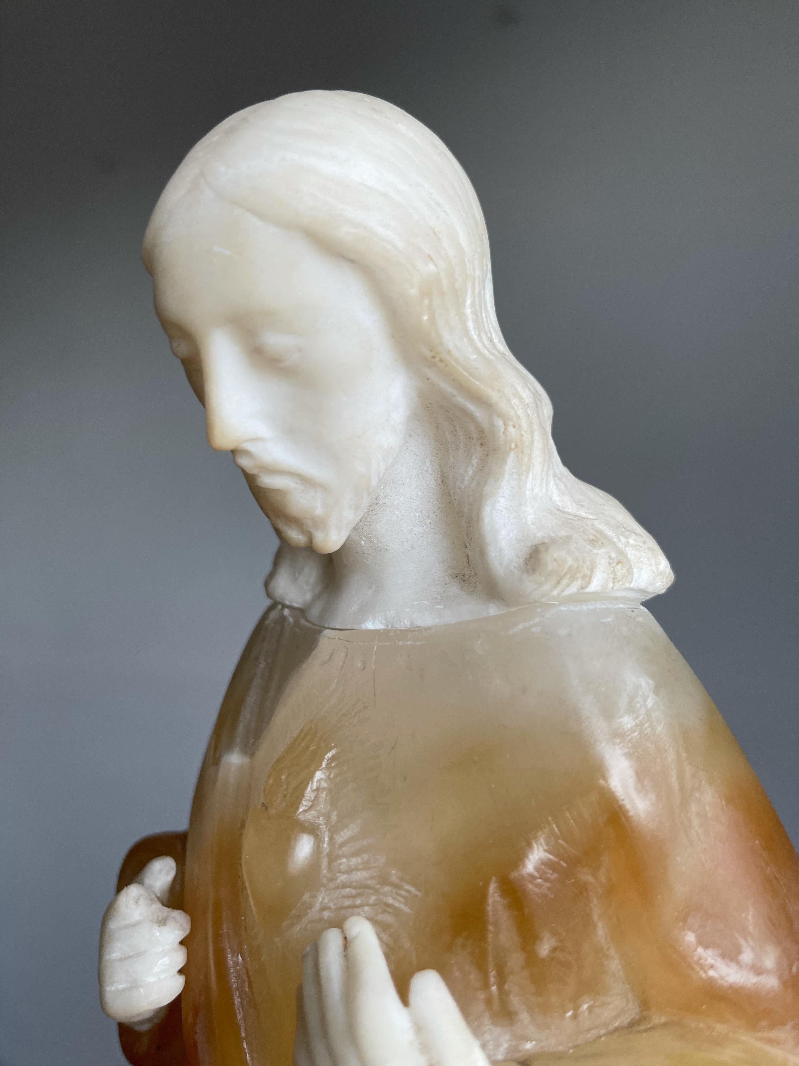 Hand-Carved Unique and Hand Carved Early 1900s Alabaster Sacred Heart of Christ Sculpture