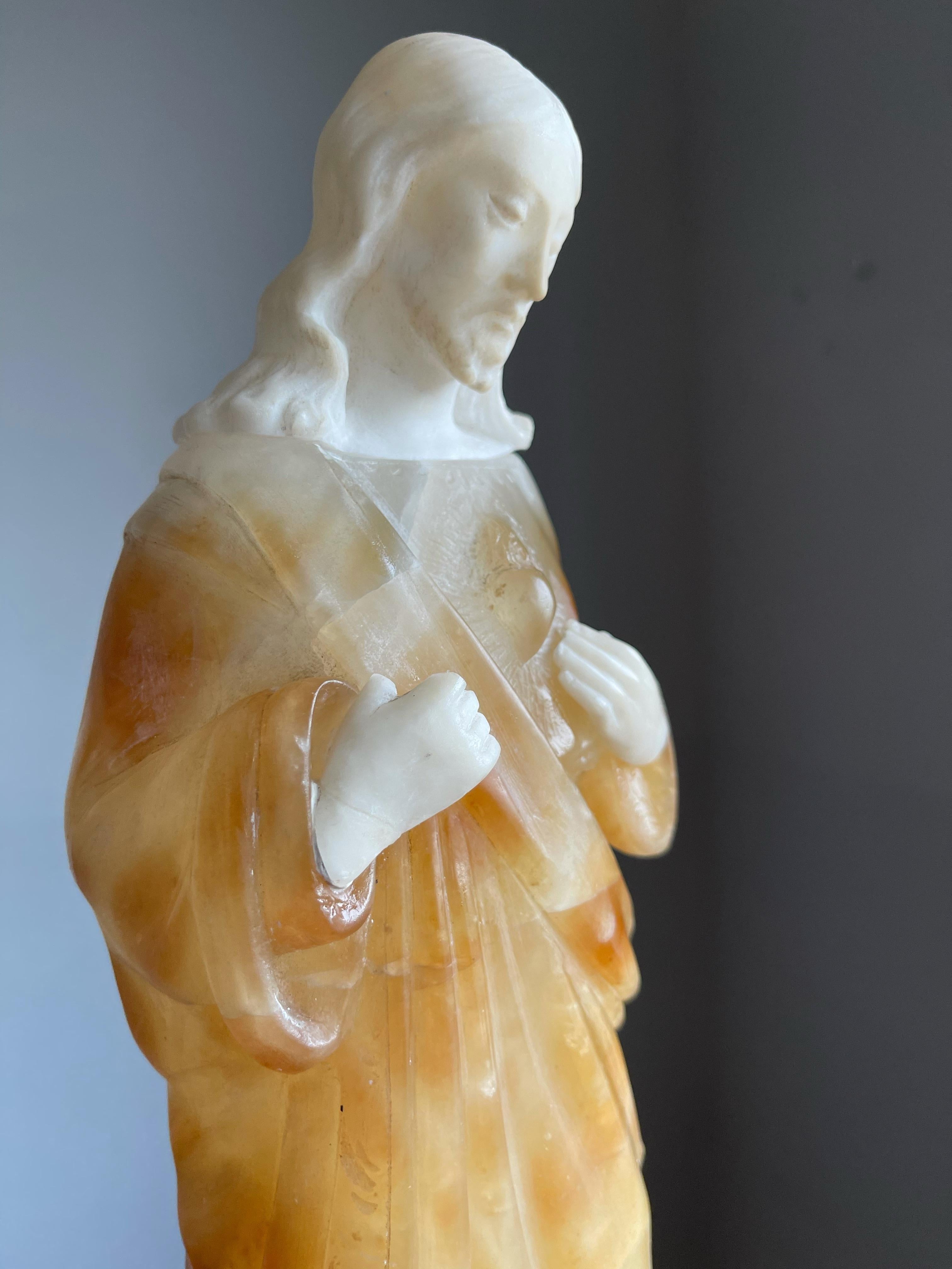 Unique and Hand Carved Early 1900s Alabaster Sacred Heart of Christ Sculpture In Good Condition In Lisse, NL