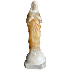 Unique and Hand Carved Early 1900s Alabaster Sacred Heart of Christ Sculpture
