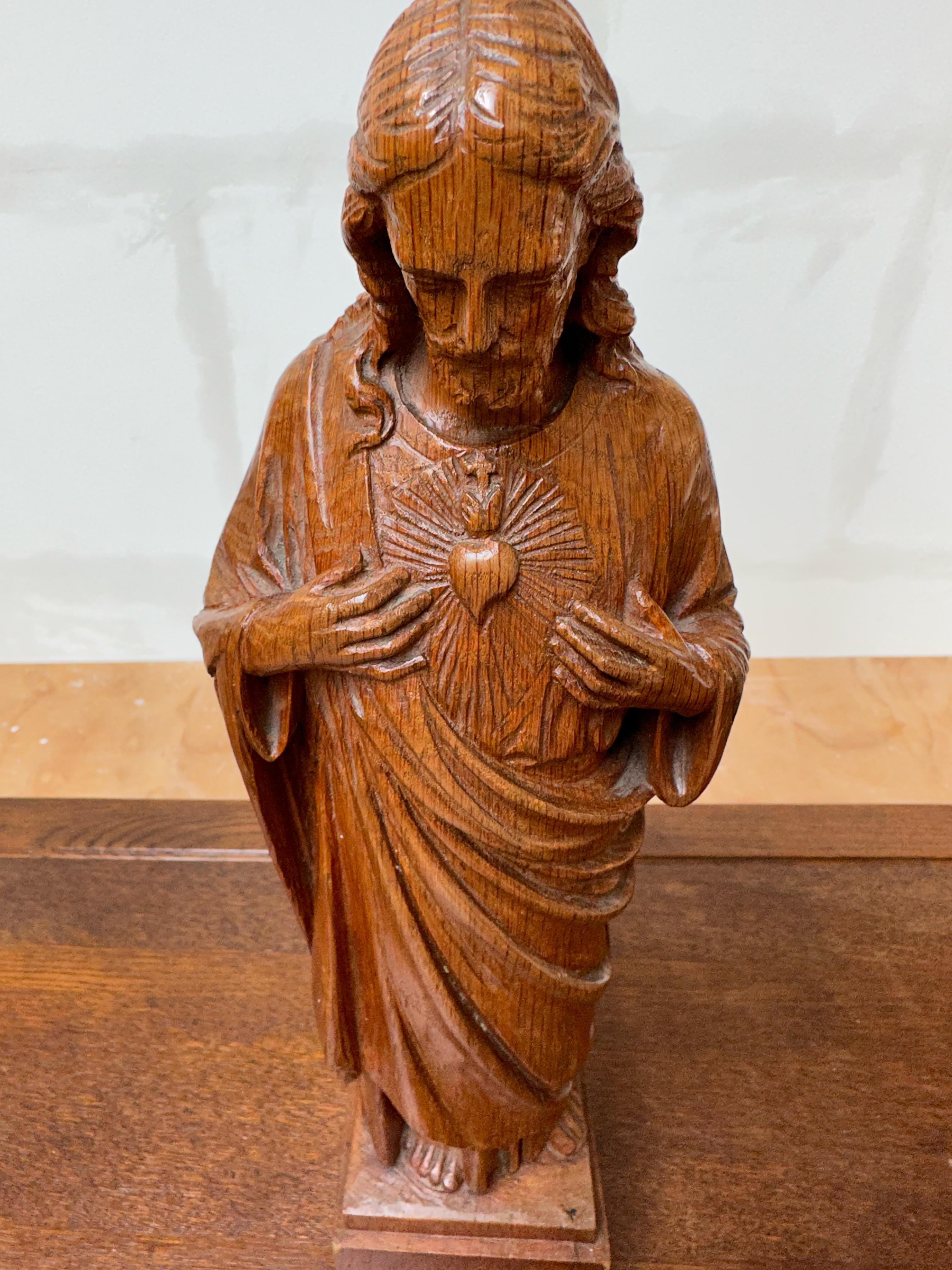 European Unique and Hand Carved Early 1900s Tiger Oak Sacred Heart of Christ Sculpture For Sale