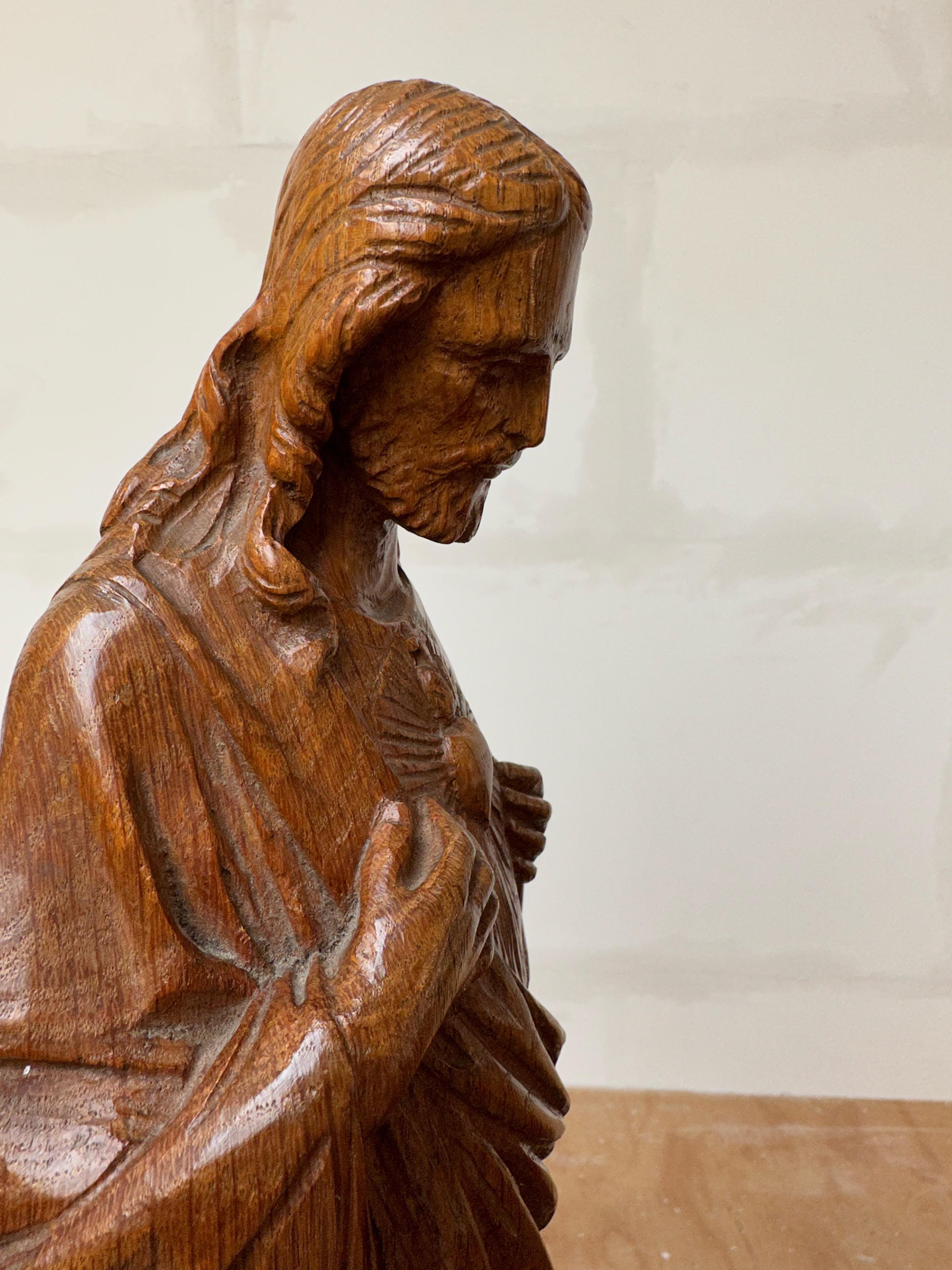 Patinated Unique and Hand Carved Early 1900s Tiger Oak Sacred Heart of Christ Sculpture For Sale