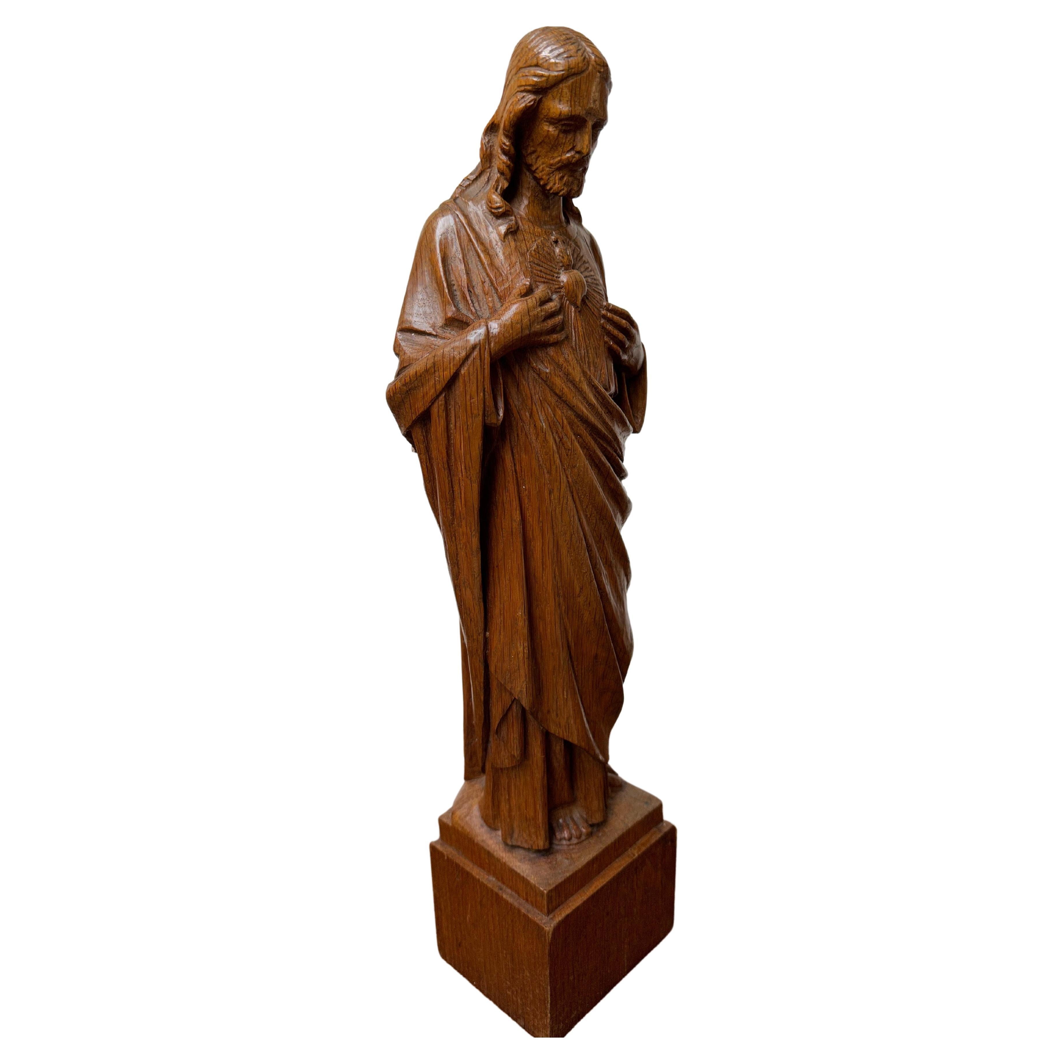 Unique and Hand Carved Early 1900s Tiger Oak Sacred Heart of Christ Sculpture