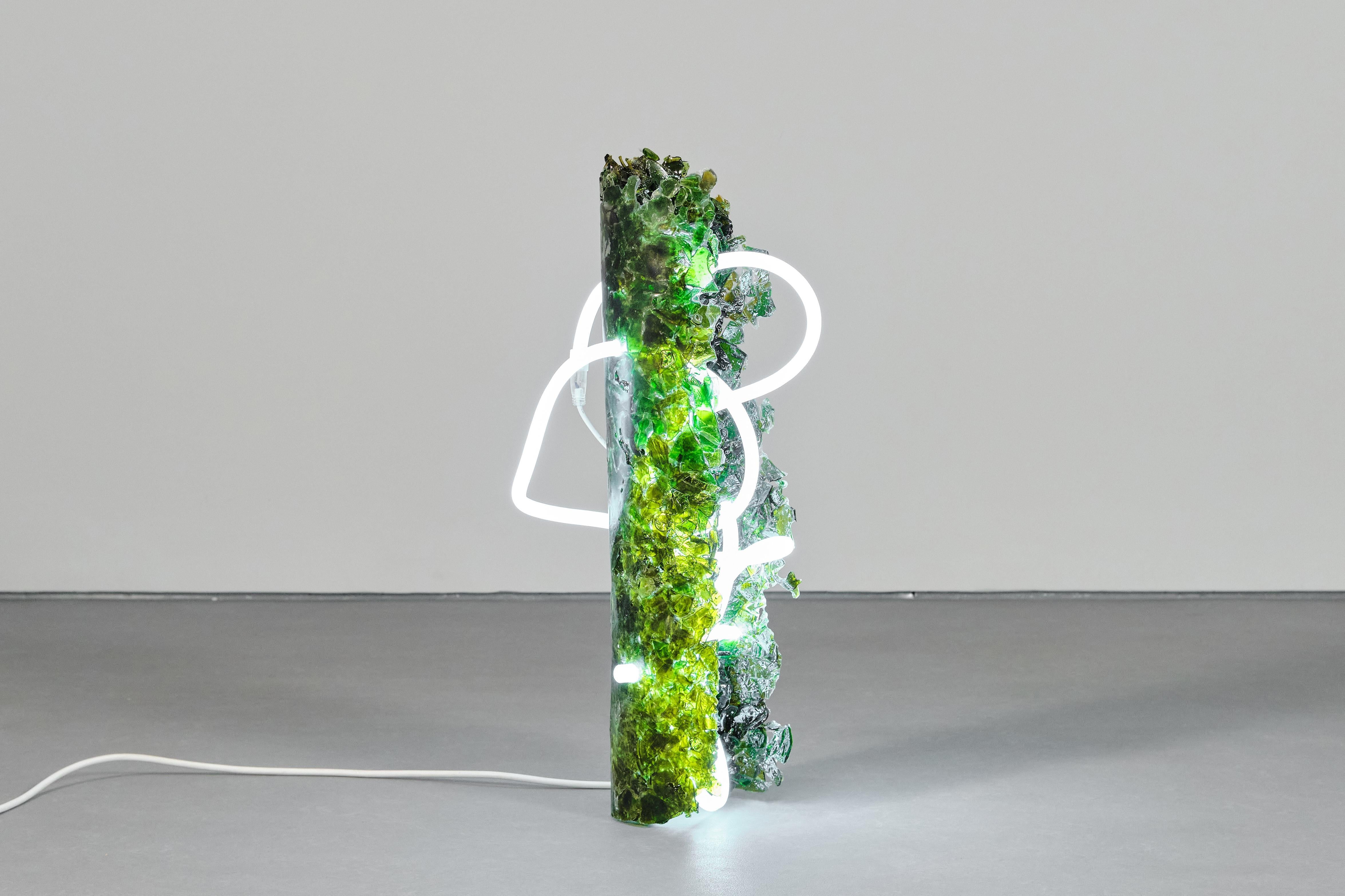 Contemporary Floor Lamp Collectible Unique Artistic Handmade with Crushed Wine Bottle Glass For Sale