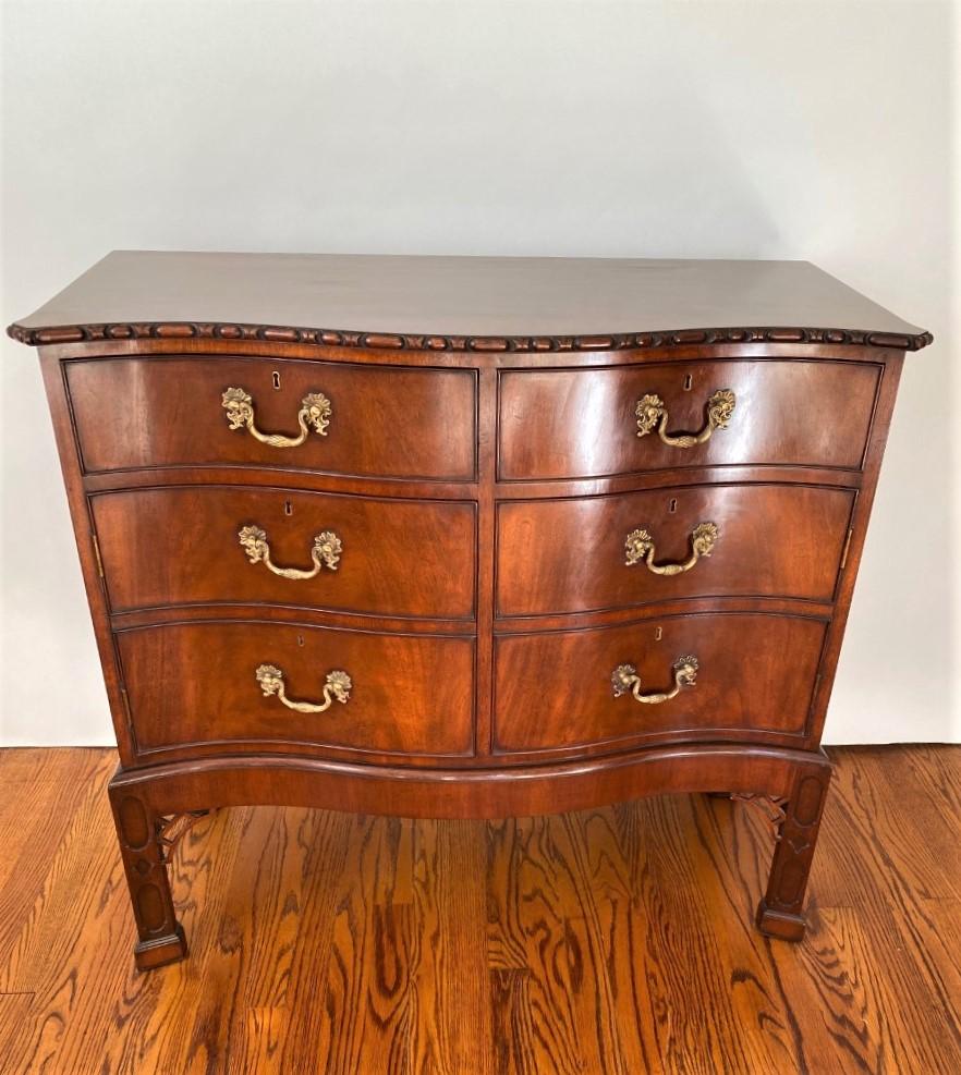Hand-Carved English-Made Mahogany Chippendale Style Hand Carved Commode on Stand; In Stock For Sale