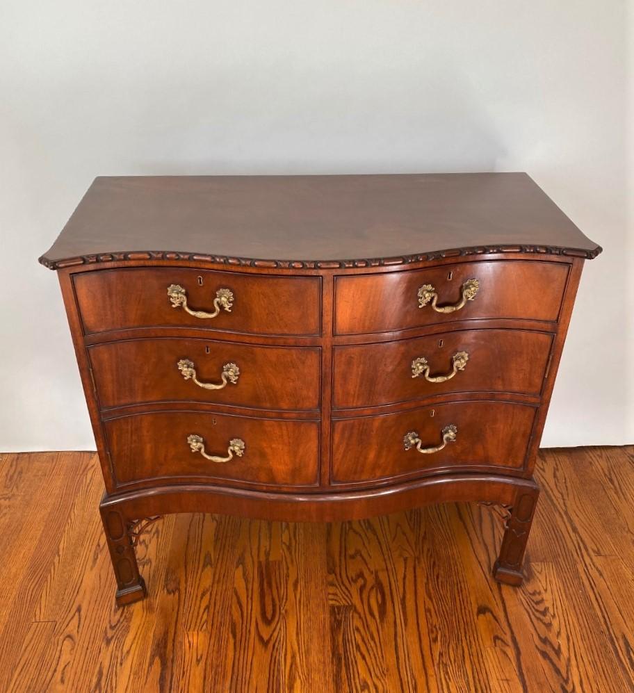 English-Made Mahogany Chippendale Style Hand Carved Commode on Stand; In Stock In Good Condition For Sale In North Salem, NY