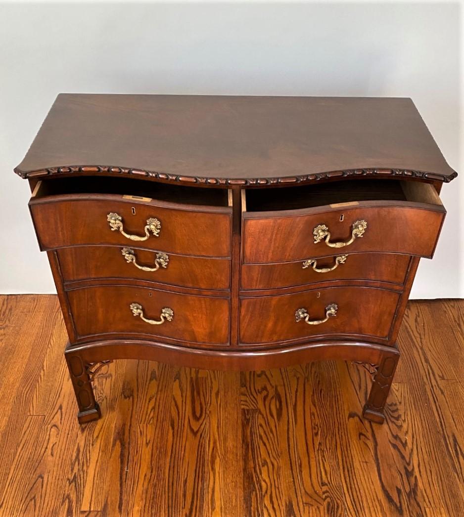 Brass English-Made Mahogany Chippendale Style Hand Carved Commode on Stand; In Stock For Sale