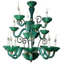 Unique and Large Antique Art Deco Italian Murano Glass Green Chandelier