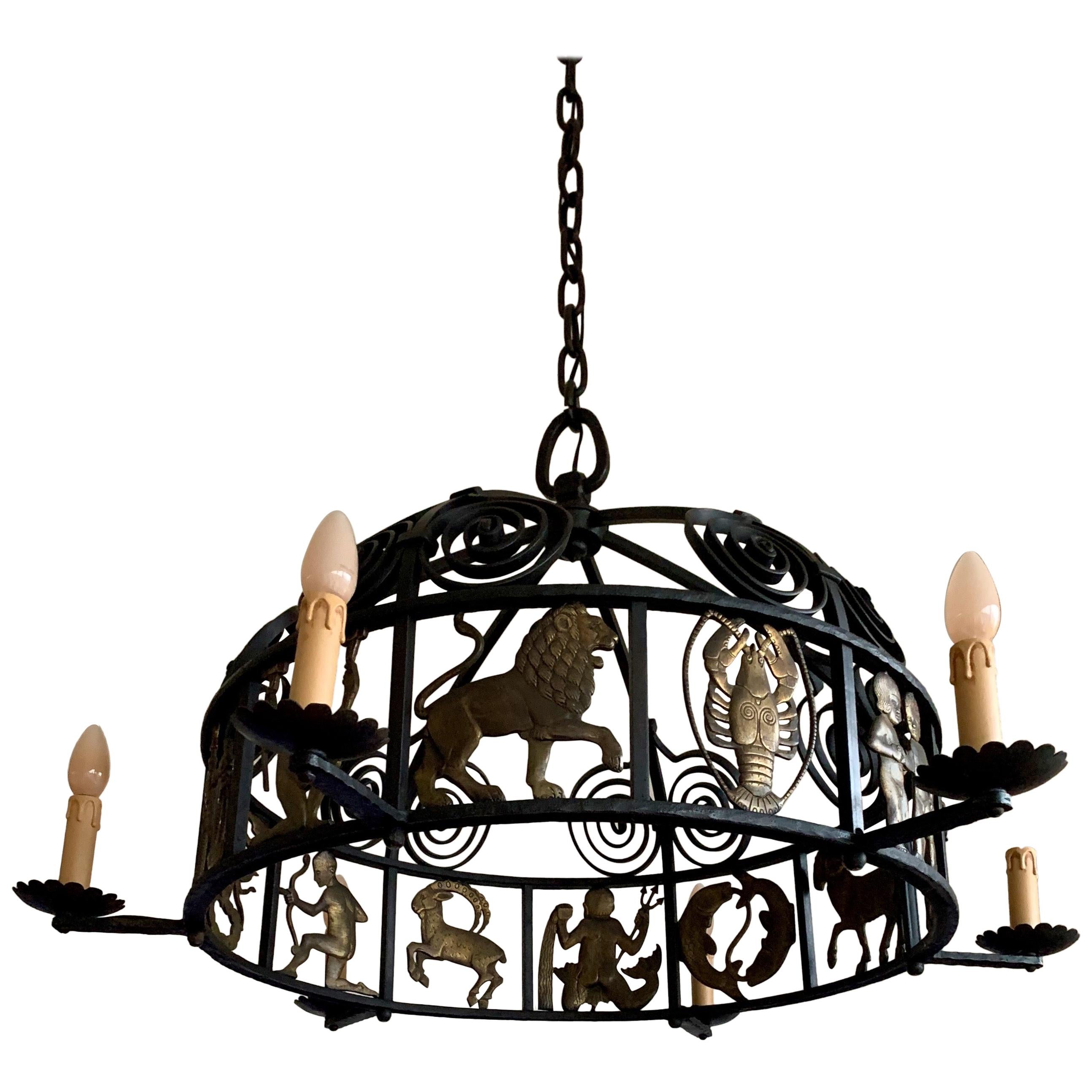 Unique and Large Arts & Crafts Wrought Iron Chandelier with Bronze Zodiac Signs