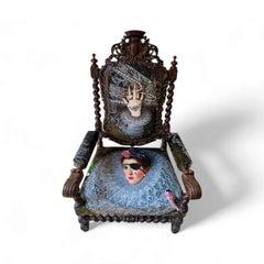 Unique and Large Carved Oak Armchair in Modern Fabric in the Style of Louis XIII