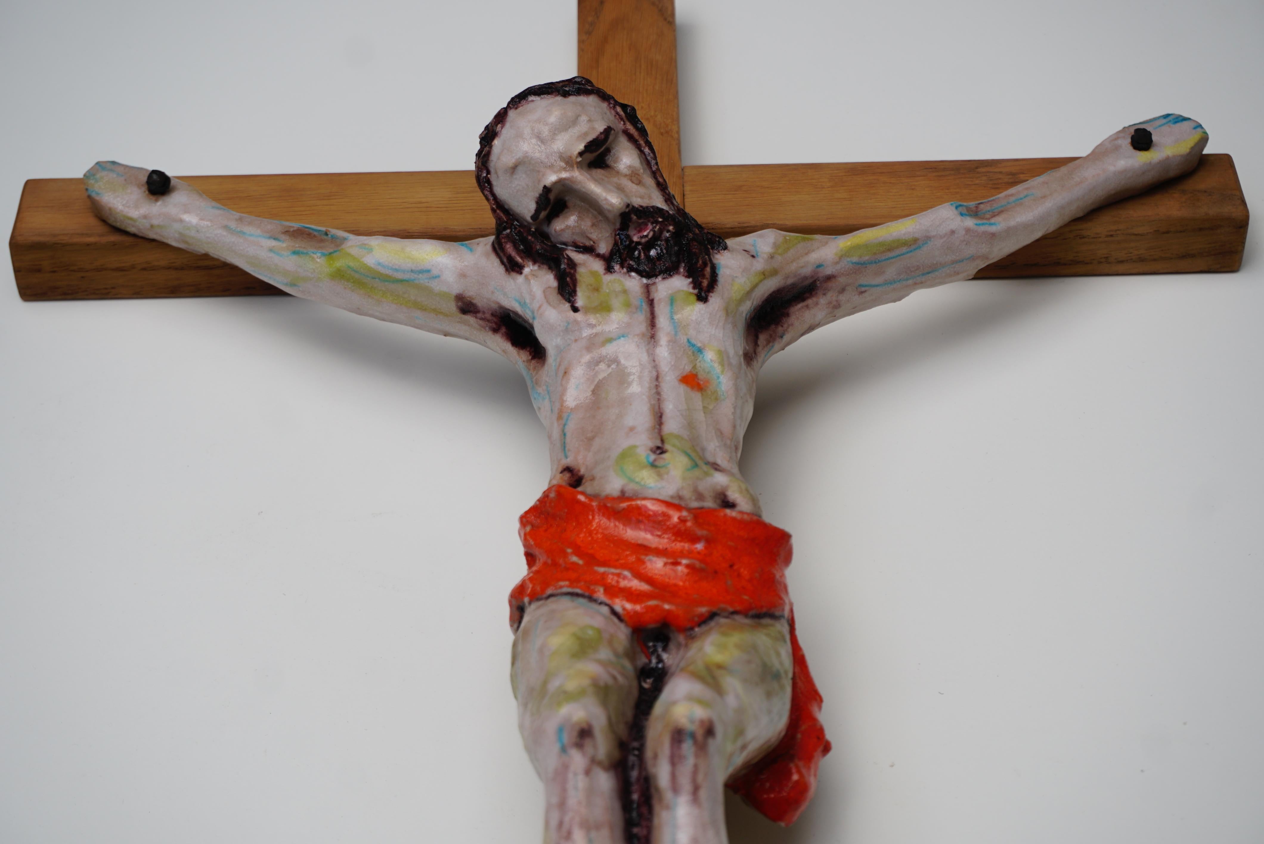 Unique and Large Crucifix with Hand Crafted Ceramic Corpus of Christ For Sale 4