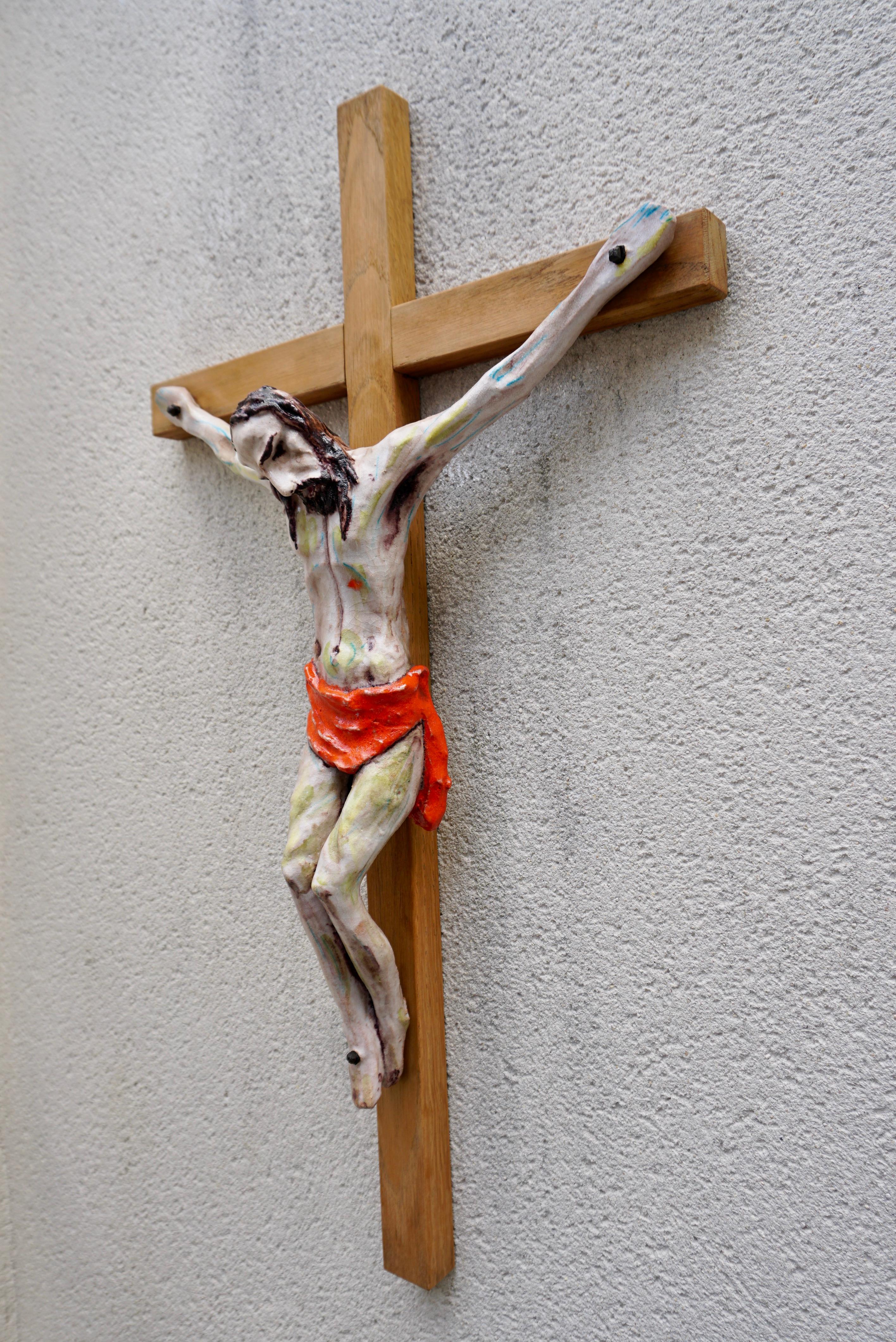 Italian Unique and Large Crucifix with Hand Crafted Ceramic Corpus of Christ For Sale