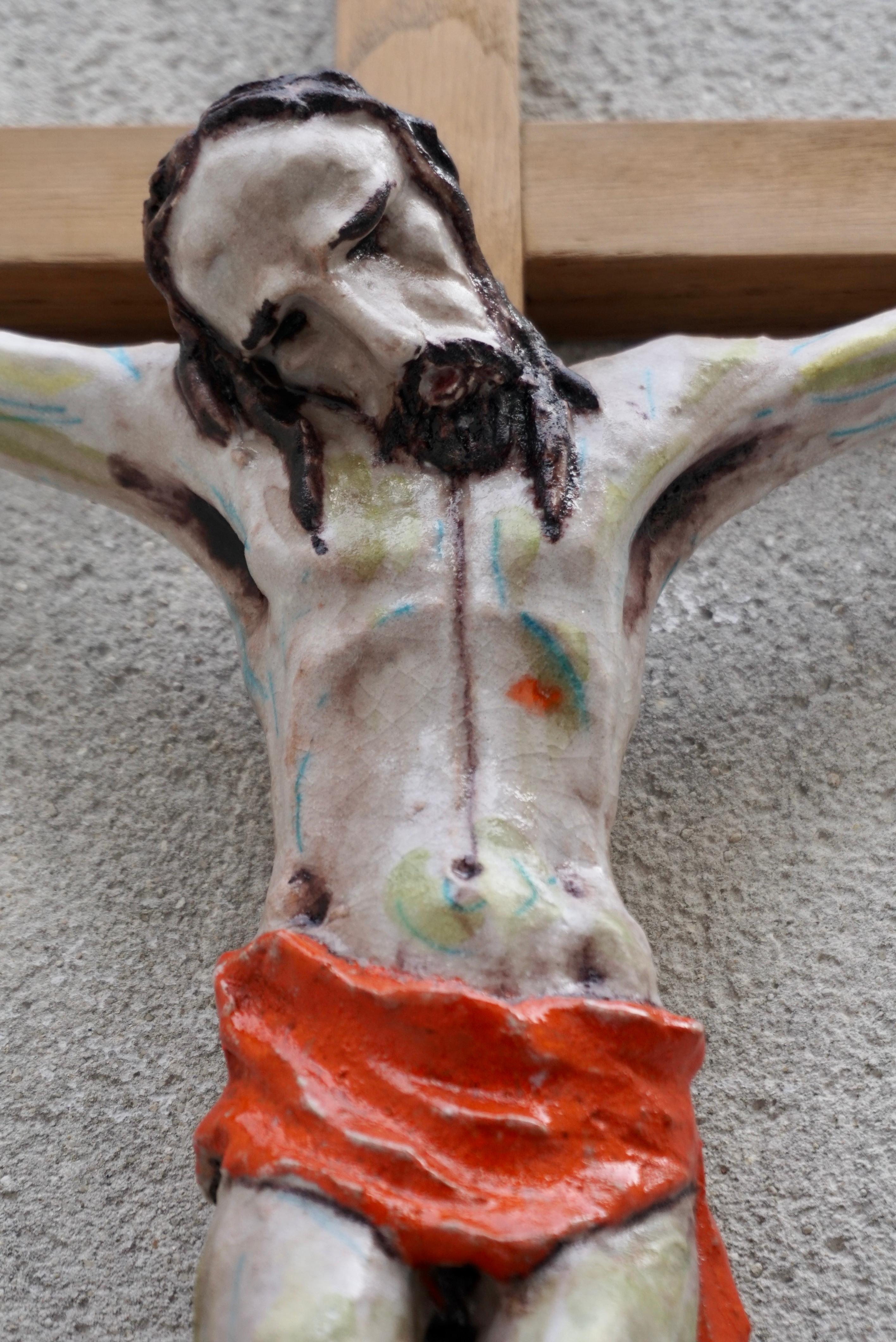 20th Century Unique and Large Crucifix with Hand Crafted Ceramic Corpus of Christ For Sale