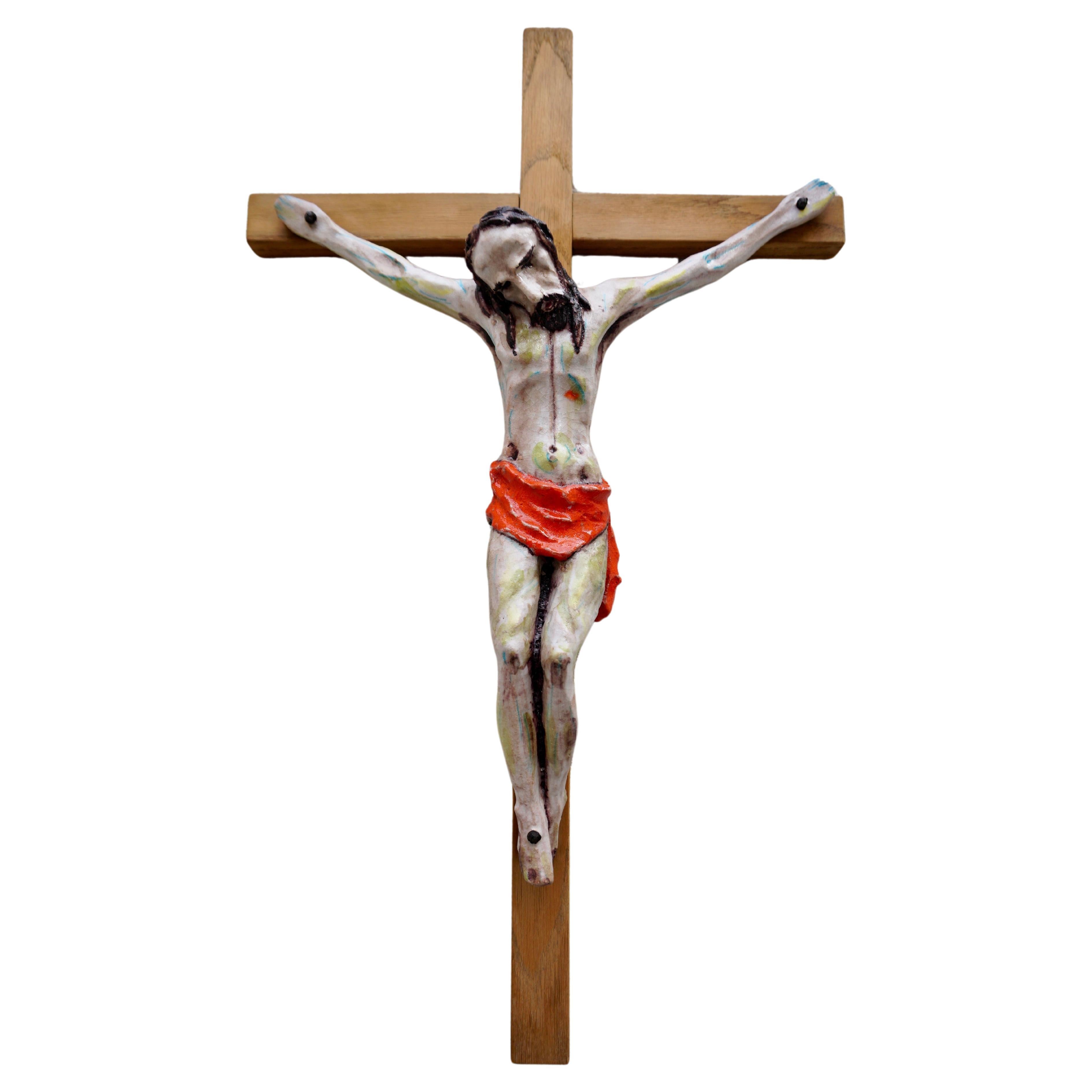 Unique and Large Crucifix with Hand Crafted Ceramic Corpus of Christ For Sale