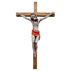 Retro Unique and Large Crucifix with Hand Crafted Ceramic Corpus of Christ