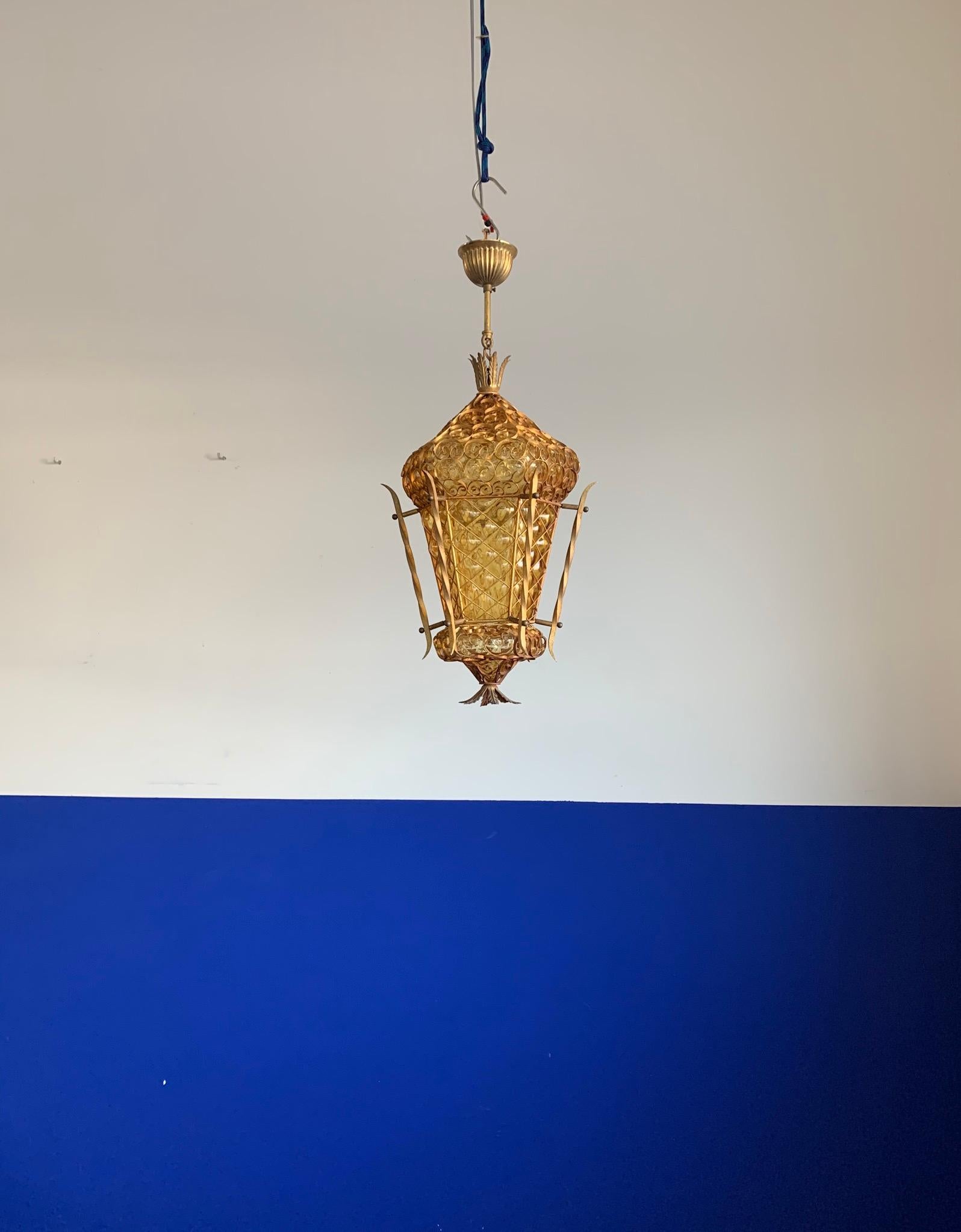 Unique and Large Venetian Pendant, Mouth Blown Glass in Gold Painted Metal Frame For Sale 2
