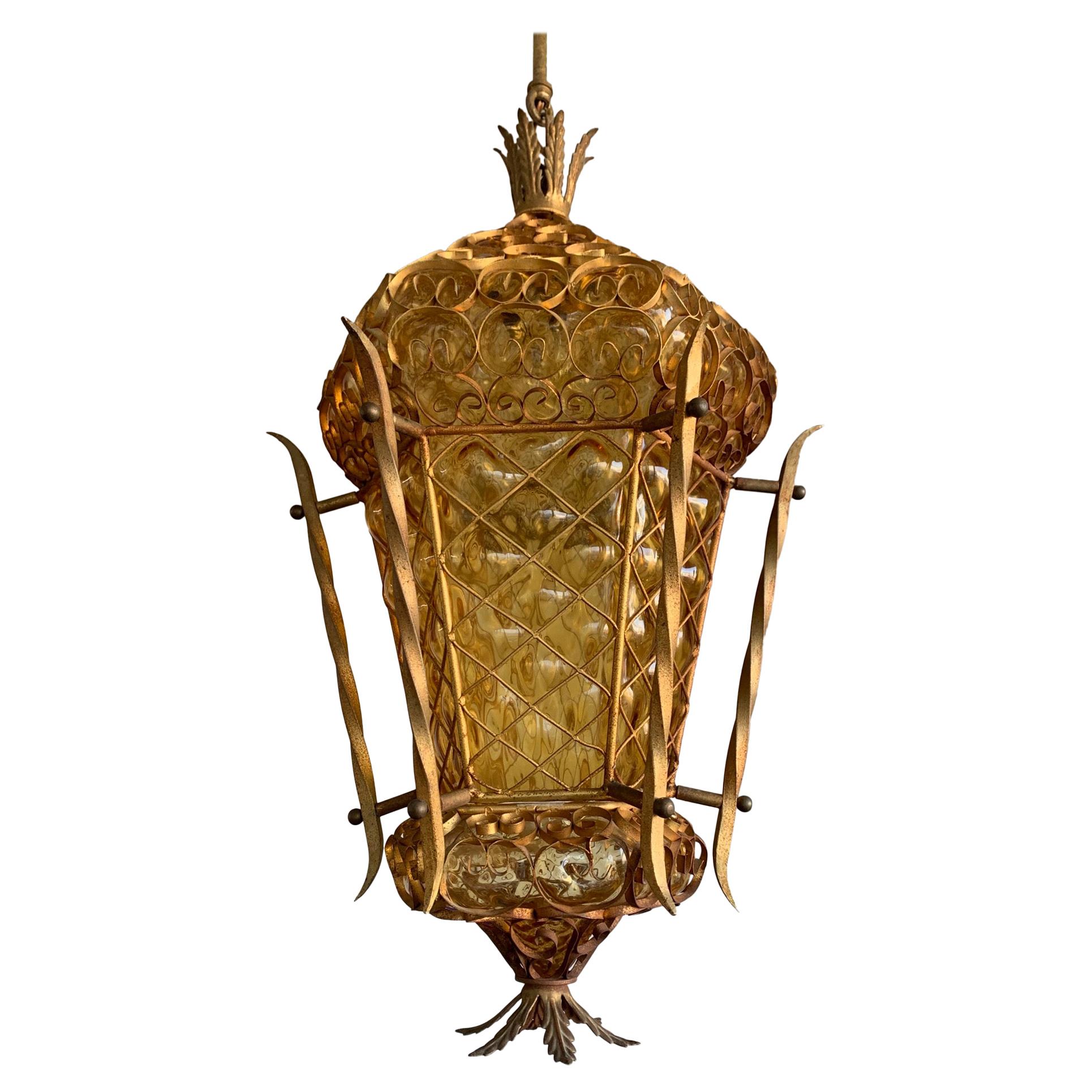 Unique and Large Venetian Pendant, Mouth Blown Glass in Gold Painted Metal Frame