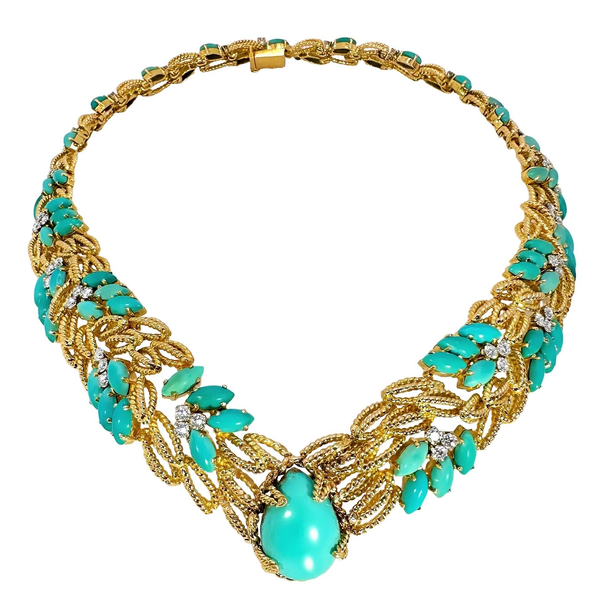 This lovely and feminine, Mid-20th Century 18k yellow gold, hand crafted cocktail necklace is positively characteristic of the most interesting and creative items from the period. A large Persian turquoise cabochon is the centerpiece and is flanked