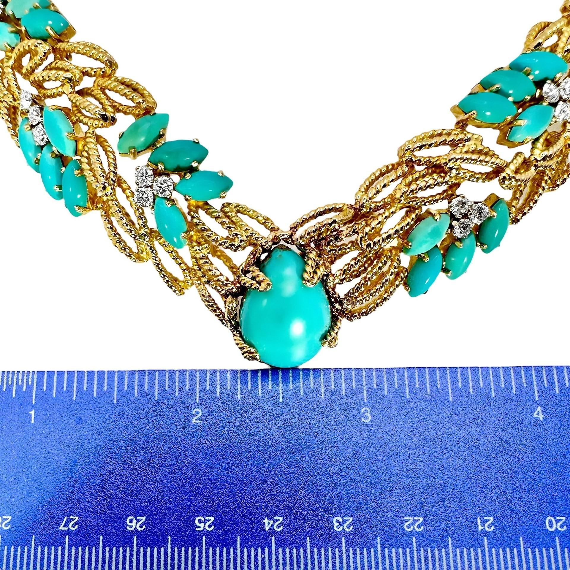 Brilliant Cut Unique and Lovely Mid-20th Century Cocktail Necklace in Turquoise and Diamonds For Sale