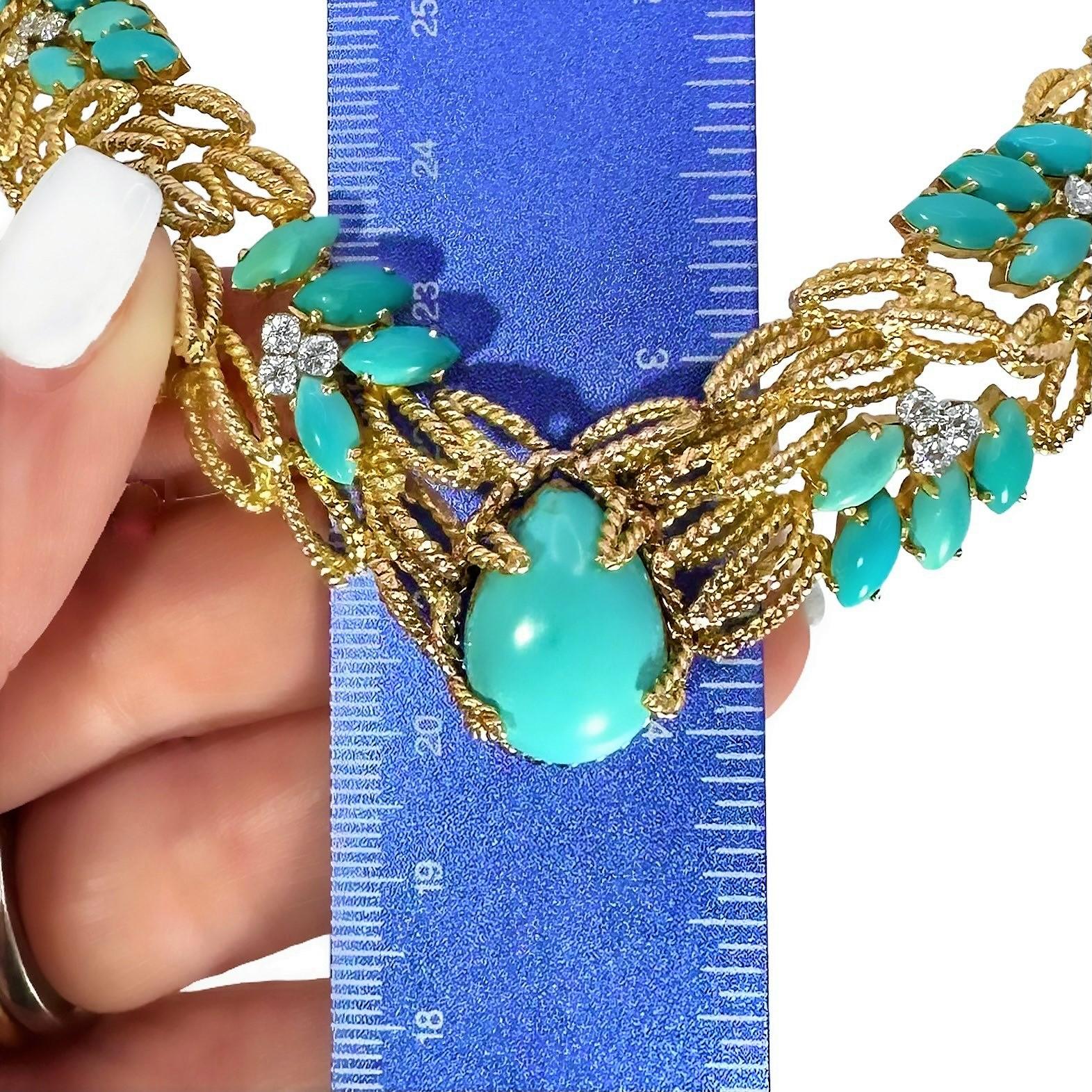 Einzigartige und schöne Cocktail-Halskette aus der Mitte des 20. Jahrhunderts in Türkis und Diamanten im Zustand „Gut“ im Angebot in Palm Beach, FL