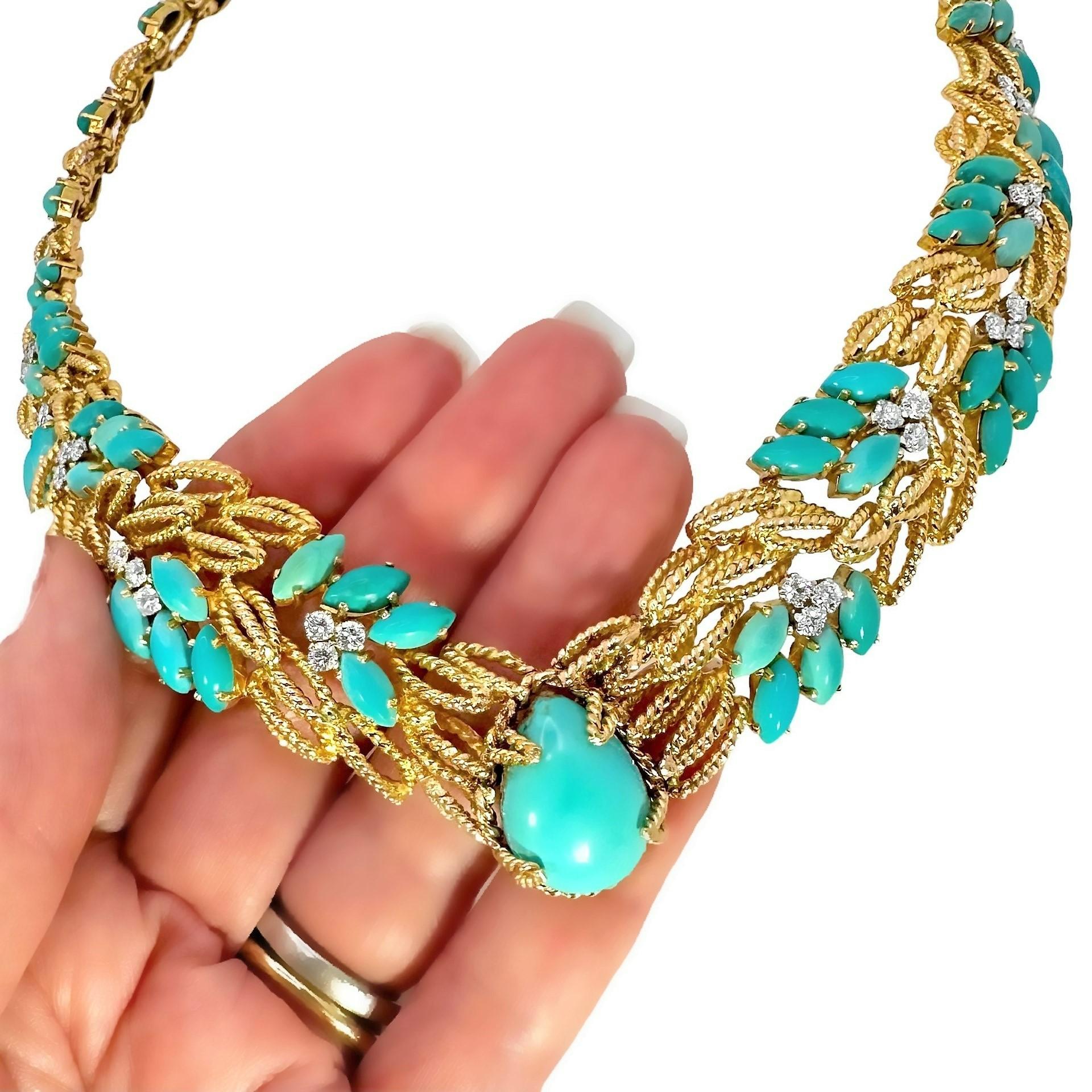 Unique and Lovely Mid-20th Century Cocktail Necklace in Turquoise and Diamonds For Sale 1