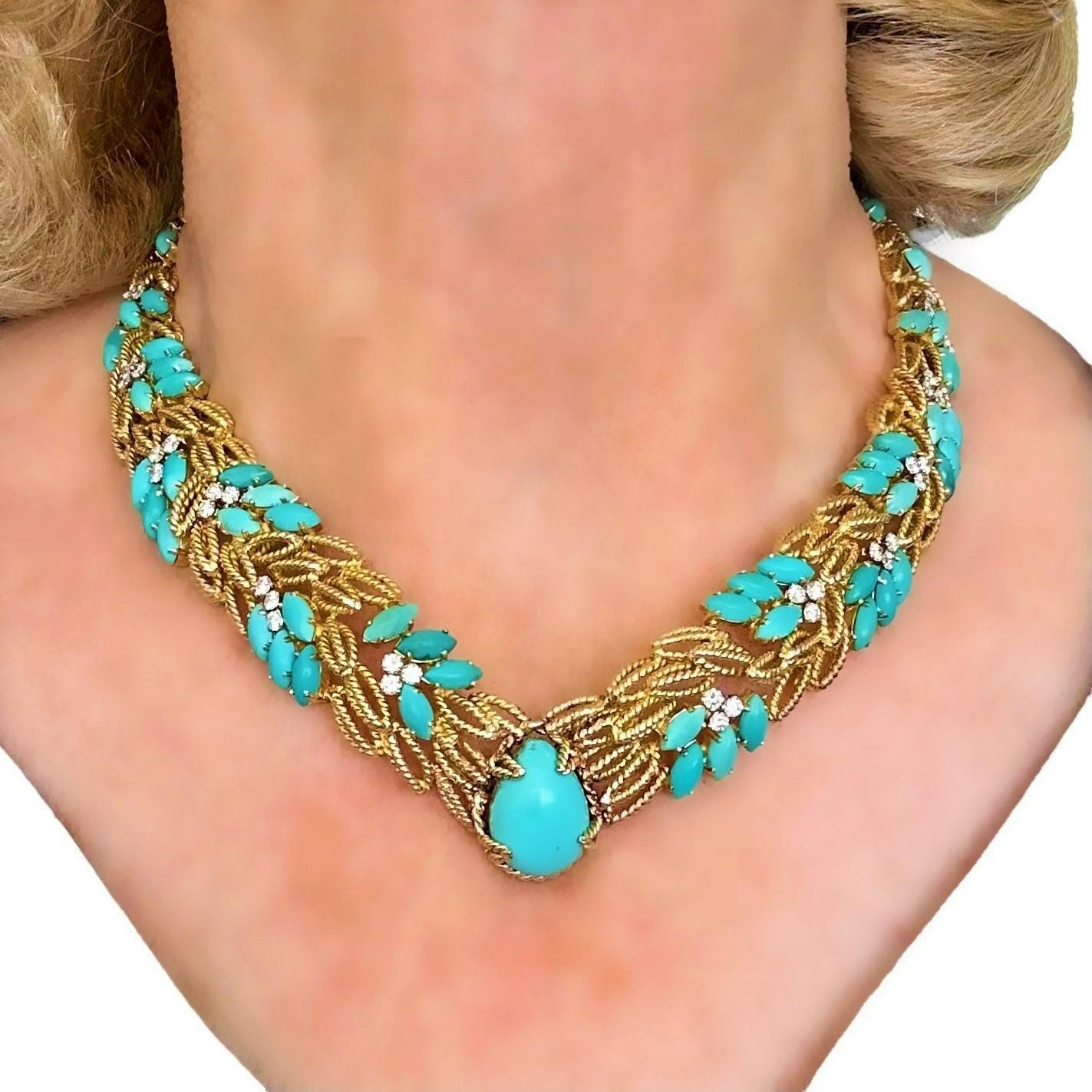 Unique and Lovely Mid-20th Century Cocktail Necklace in Turquoise and Diamonds For Sale 2