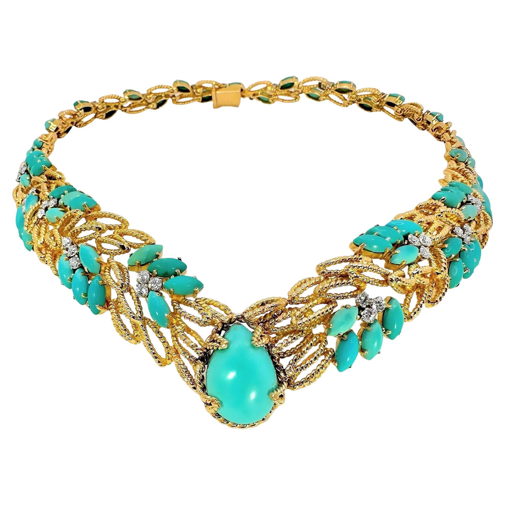 Unique and Lovely Mid-20th Century Cocktail Necklace in Turquoise and Diamonds For Sale