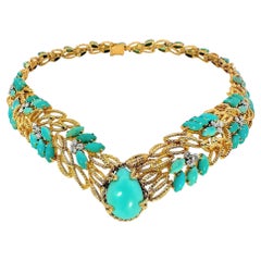 Unique and Lovely Mid-20th Century Cocktail Necklace in Turquoise and Diamonds