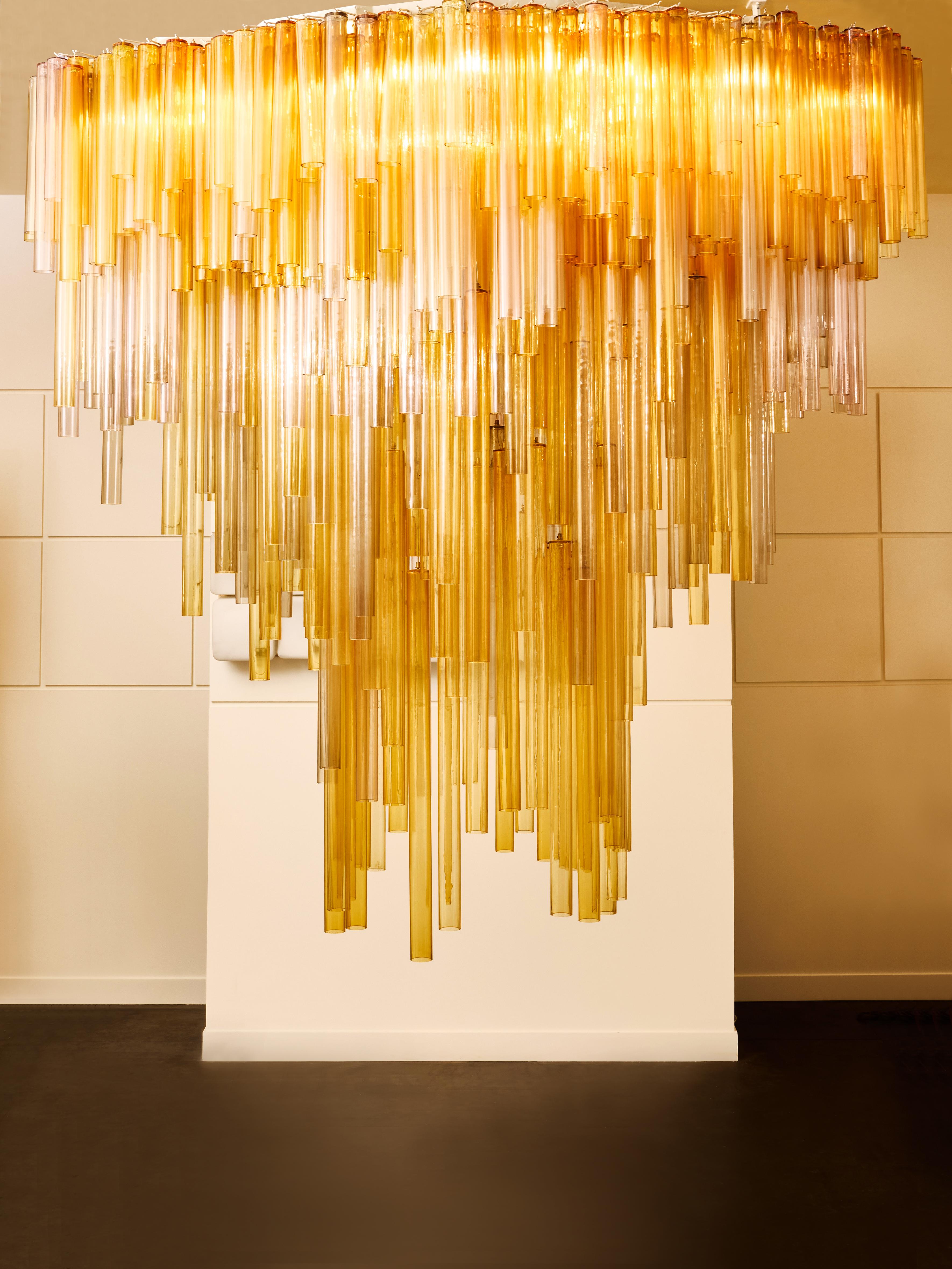 Truly Unique Chandelier, this exquisite piece was custom-made to fit perfectly into an Italian apartment, featuring a ceiling plate designed in two sections to accommodate the shape of an existing central pillar.
These two ceiling plate parts have