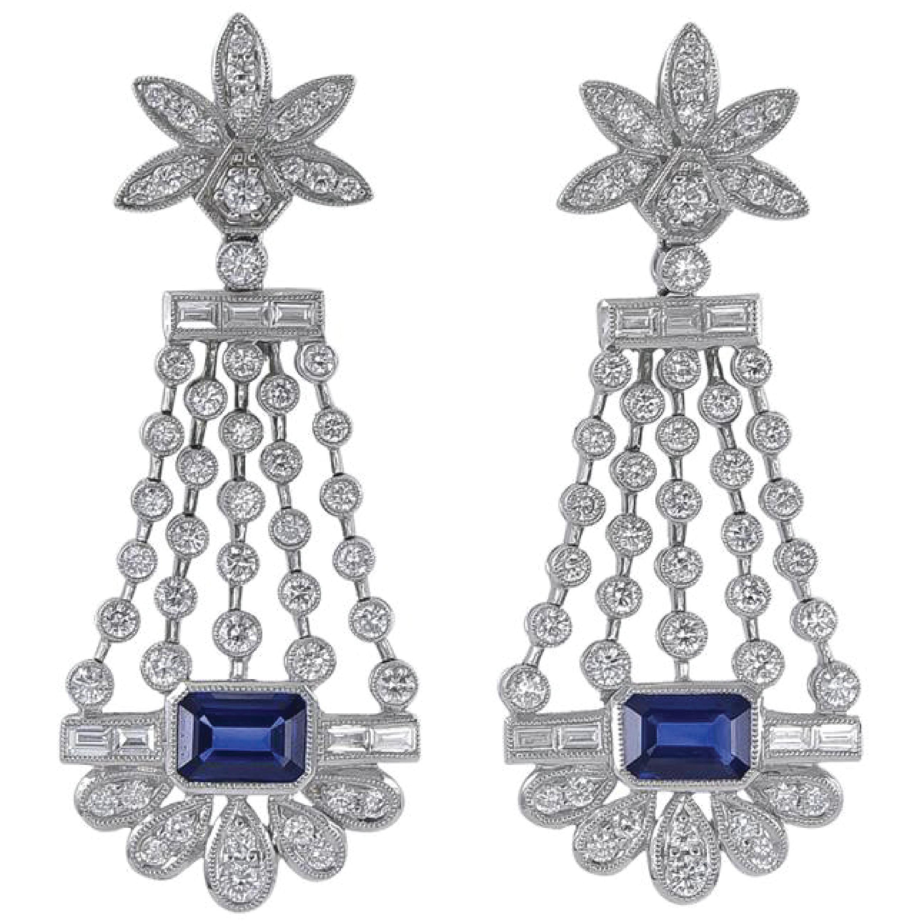 Sophia D. Blue Sapphire and Diamond Earrings Set in Platinum For Sale