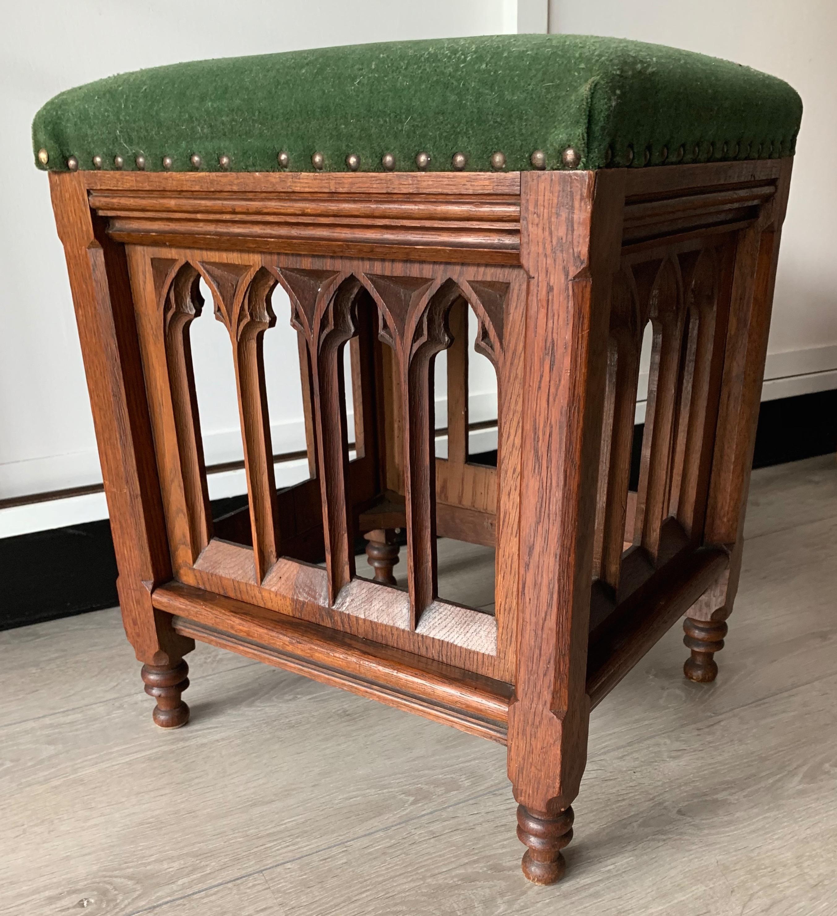 Antique, stunning and practical Gothic stool from circa 1900.

This striking and perfect size Gothic stool is as stable as the day it was made and the woodwork is in excellent condition. All handcrafted out of solid oak this stool is decorated all