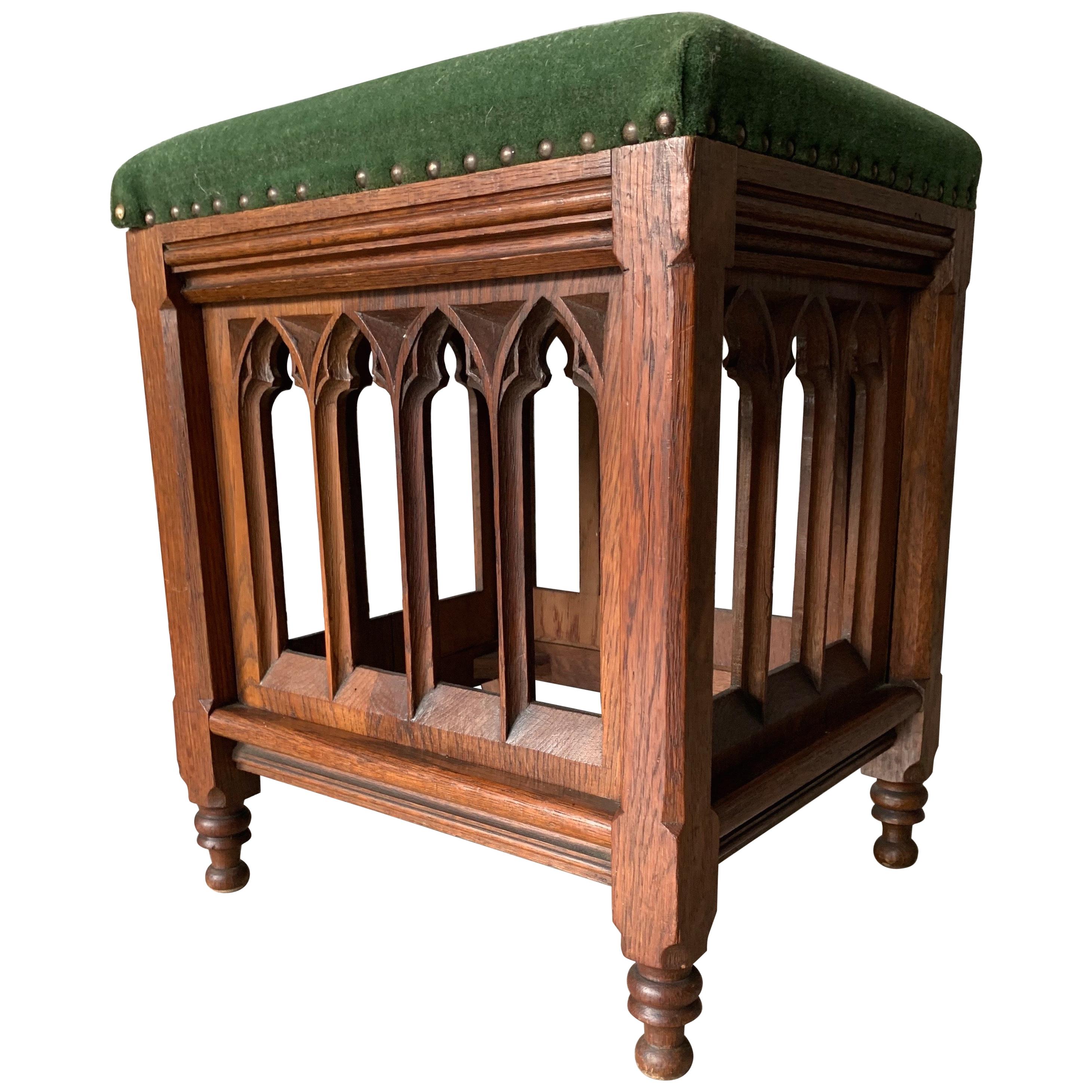 Unique and Quality Carved Gothic Revival Oak Church Stool Seat w. Velvet Seating