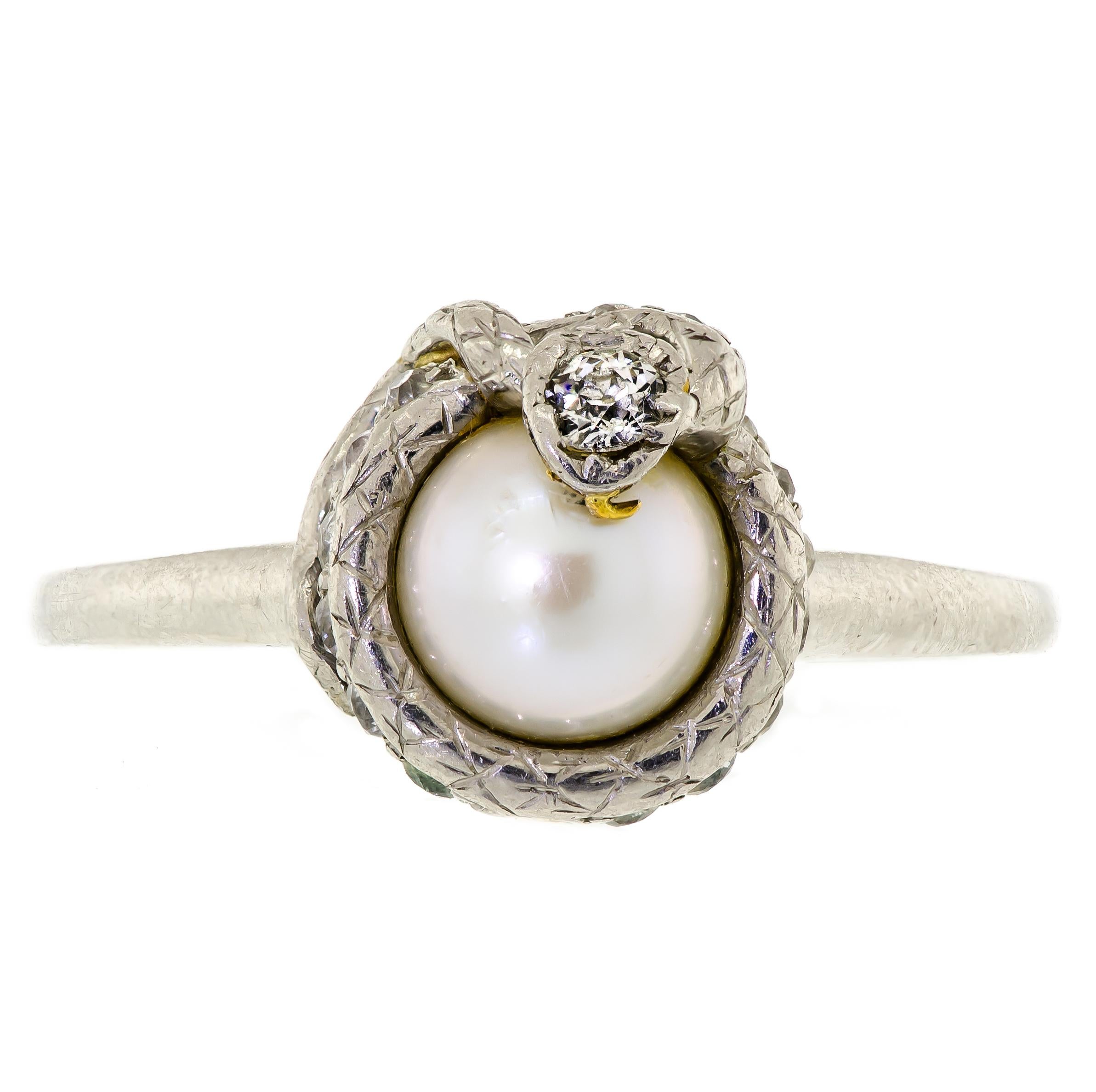 Unique and Rare Platinum Diamond Pearl Vintage Snake Ring For Sale