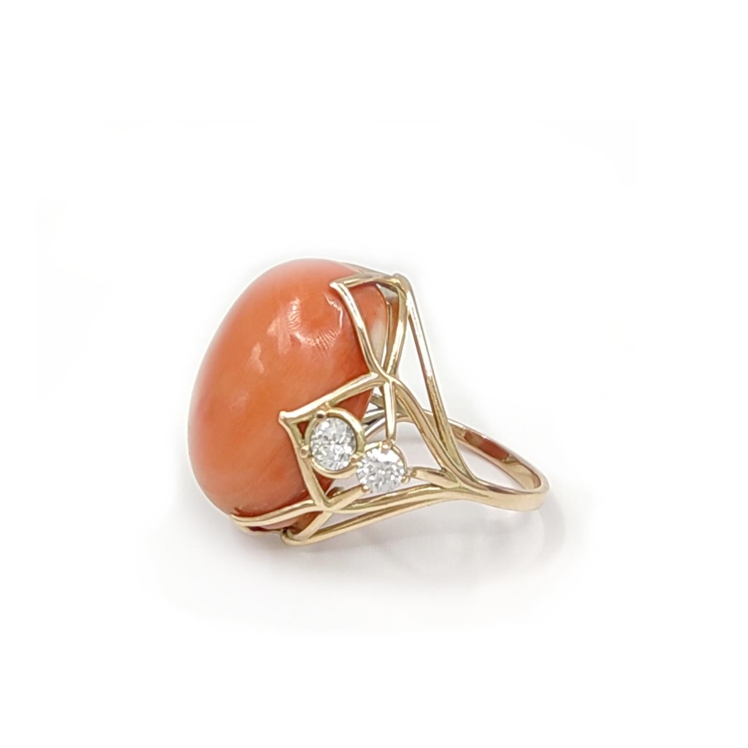 Women's Coral, Diamonds, 14 Karat Yellow Gold Ring for woman Gift for her, Certified For Sale