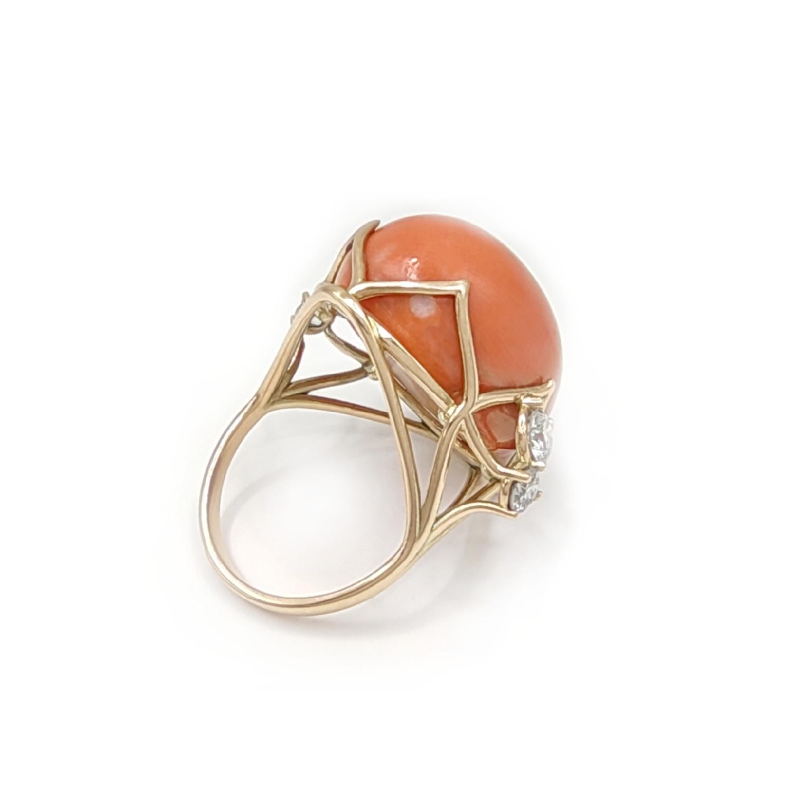 Coral, Diamonds, 14 Karat Yellow Gold Ring for woman Gift for her, Certified For Sale 3