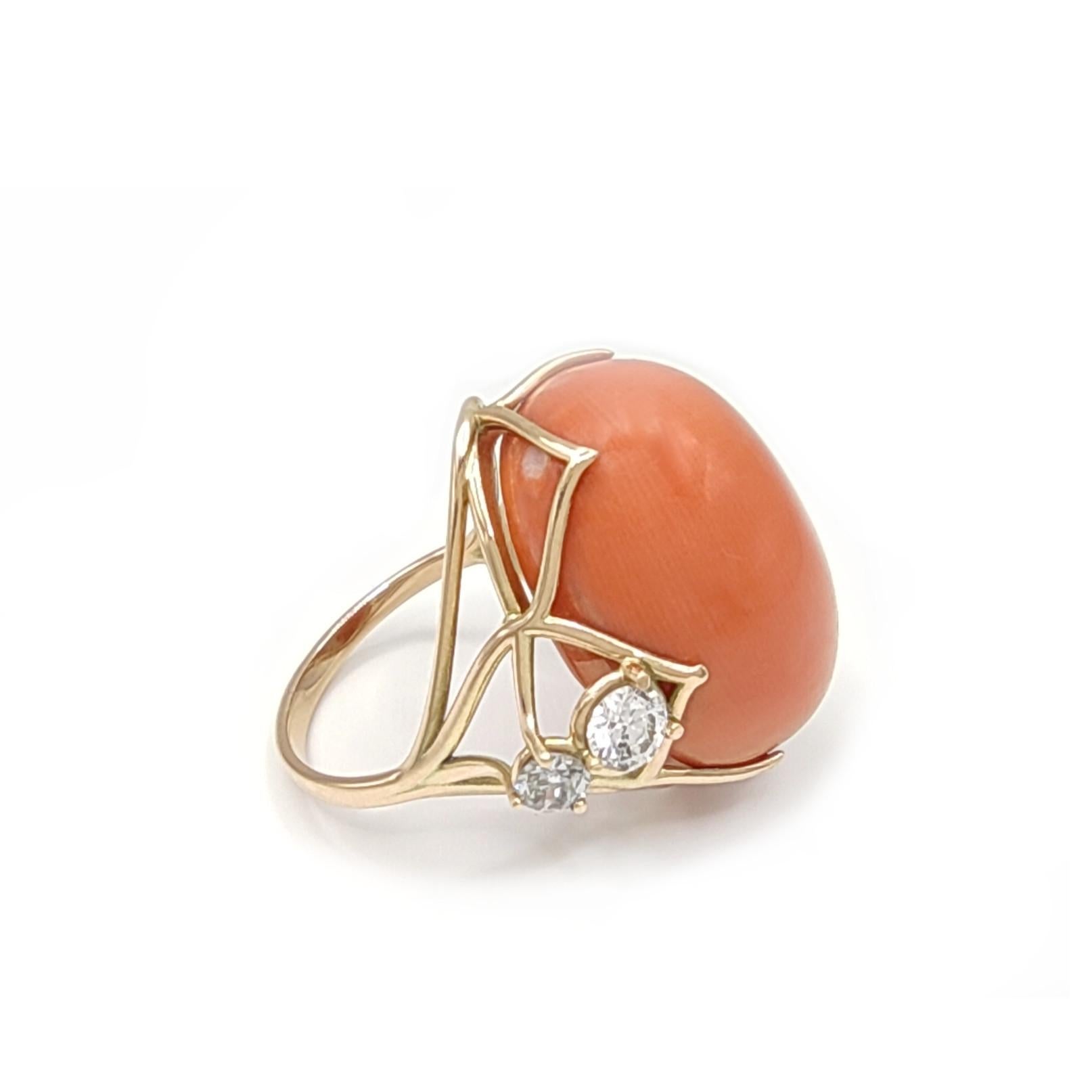Coral, Diamonds, 14 Karat Yellow Gold Ring for woman Gift for her, Certified For Sale 4
